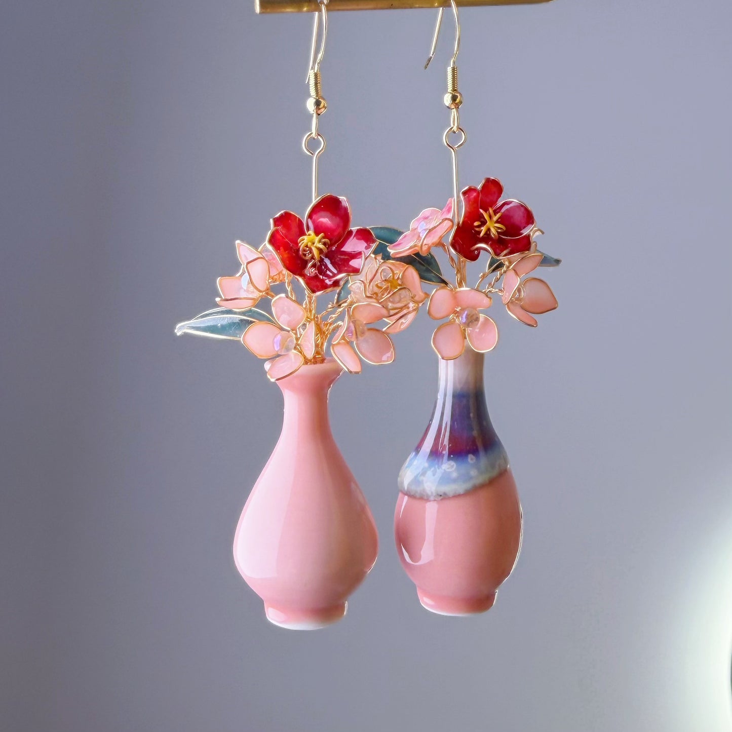 Handmade Red Camellia and Pink Hydrangeas in Ceramic Vase Earrings