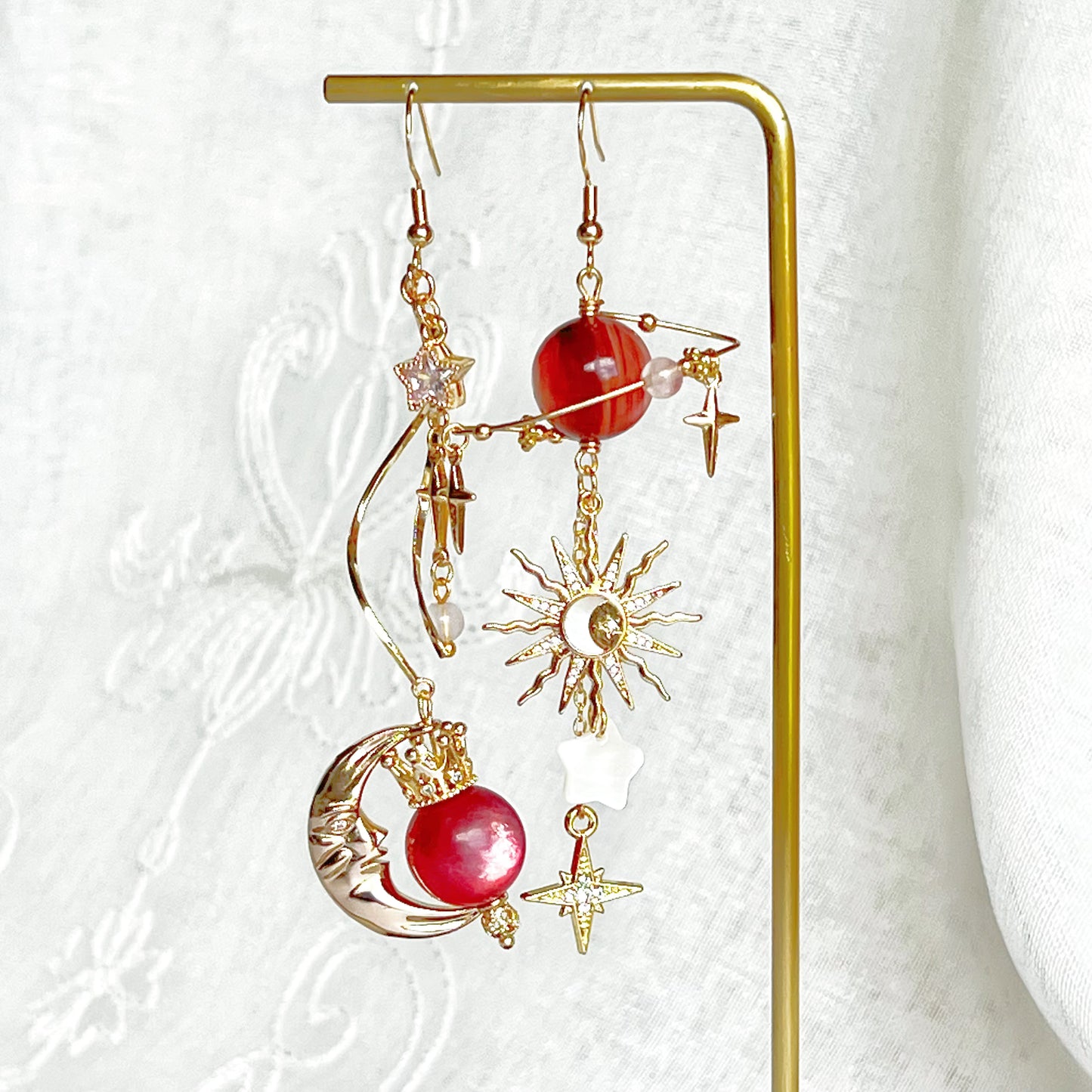 Dark Pink Lepidolite Planet Crown Moon and Sun Earrings-Ninaouity