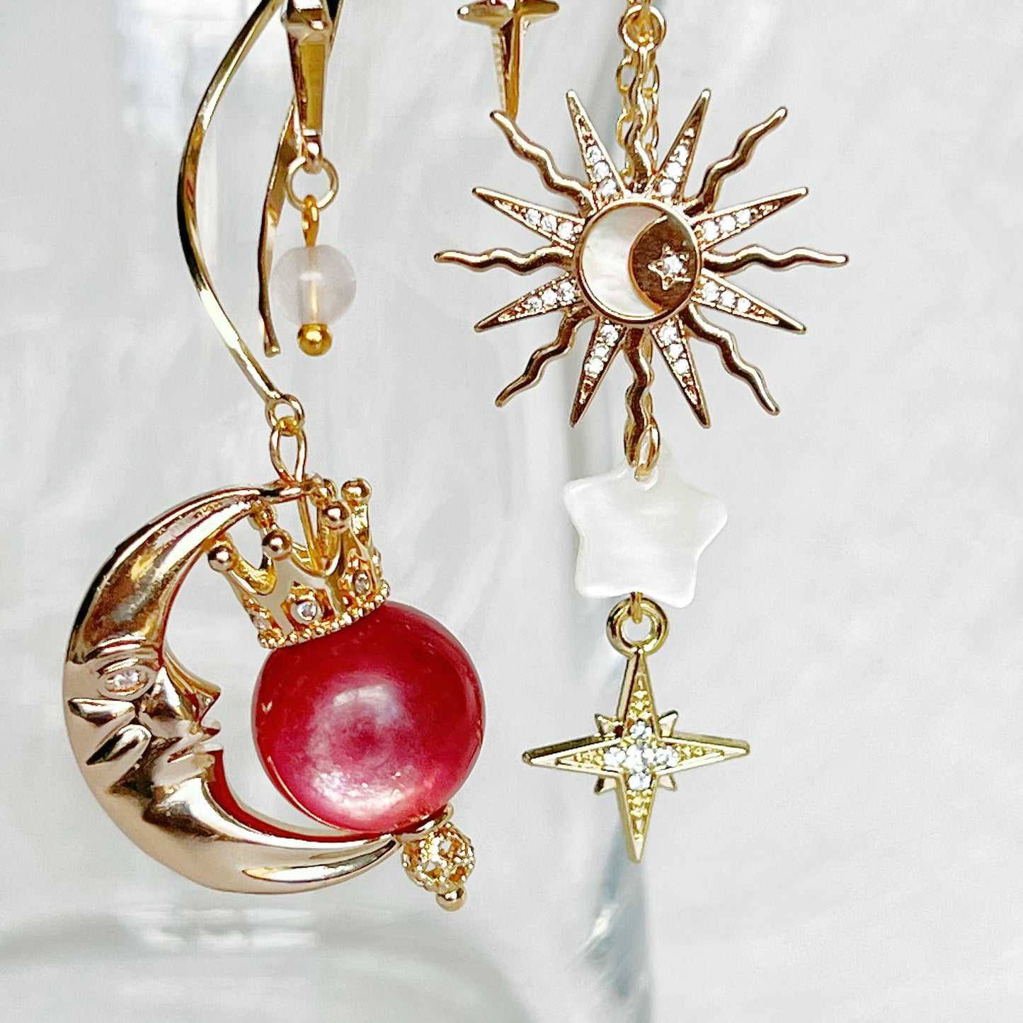 Dark Pink Lepidolite Planet Crown Moon and Sun Earrings-Ninaouity