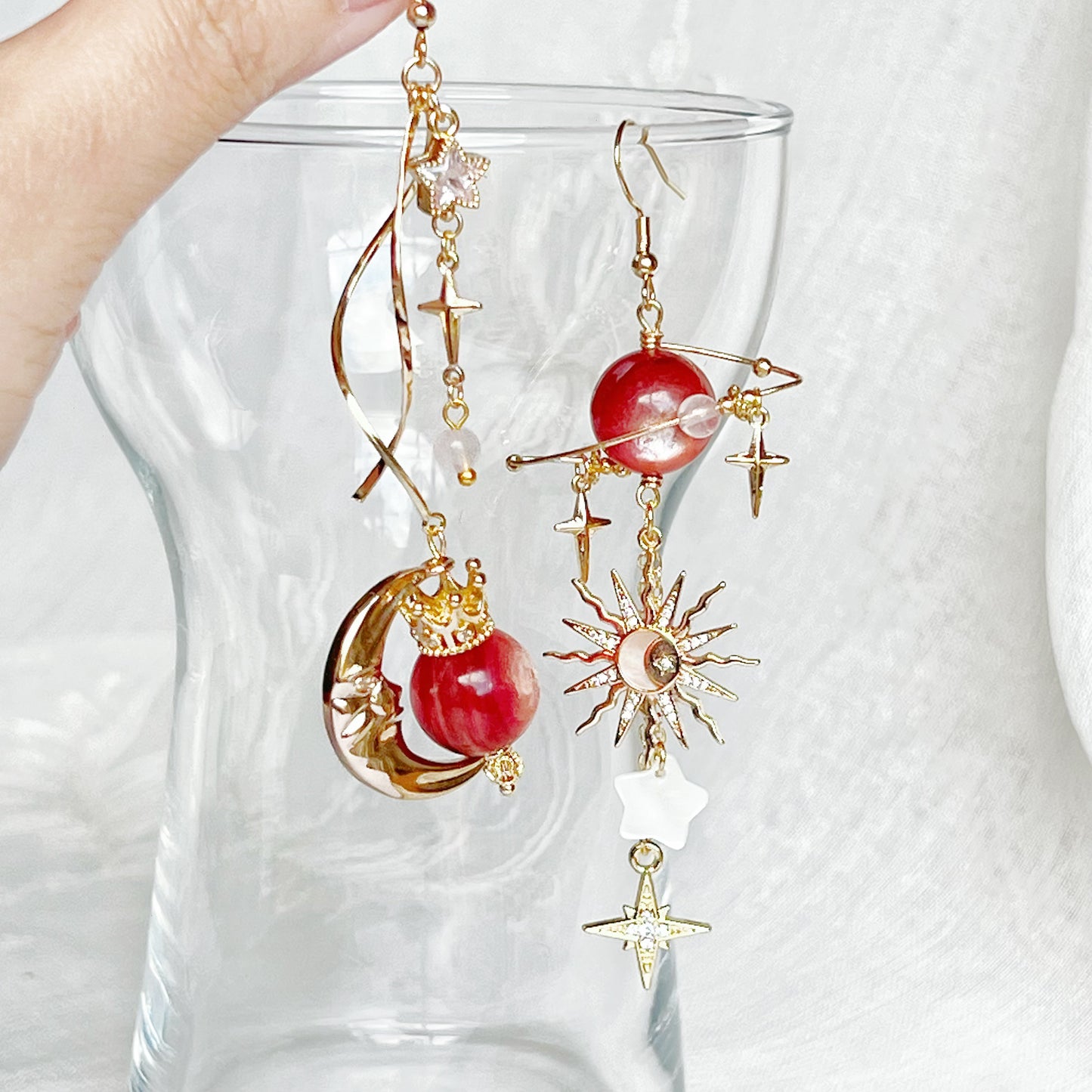 Dark Pink Lepidolite Planet Crown Moon and Sun Earrings-Ninaouity