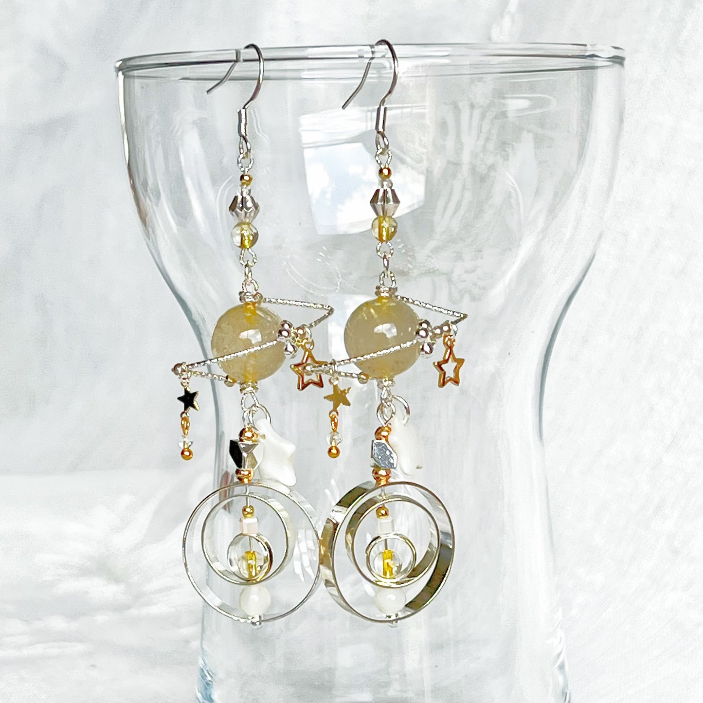 Yellow Rutilated Quartz Planet and Stars Earrings-Ninaouity