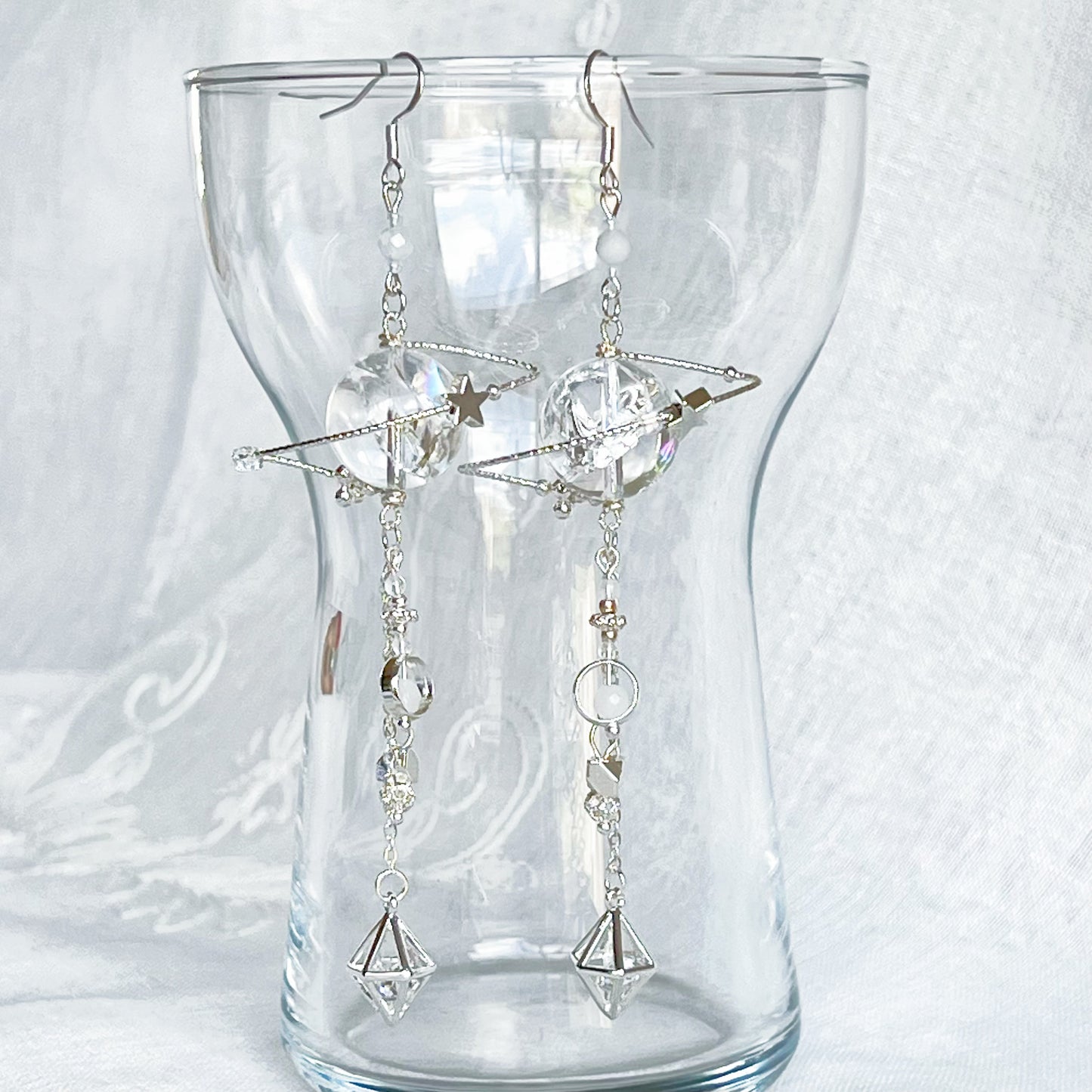 Silver Azeztulite Quartz Planet Drop Earrings-Ninaouity