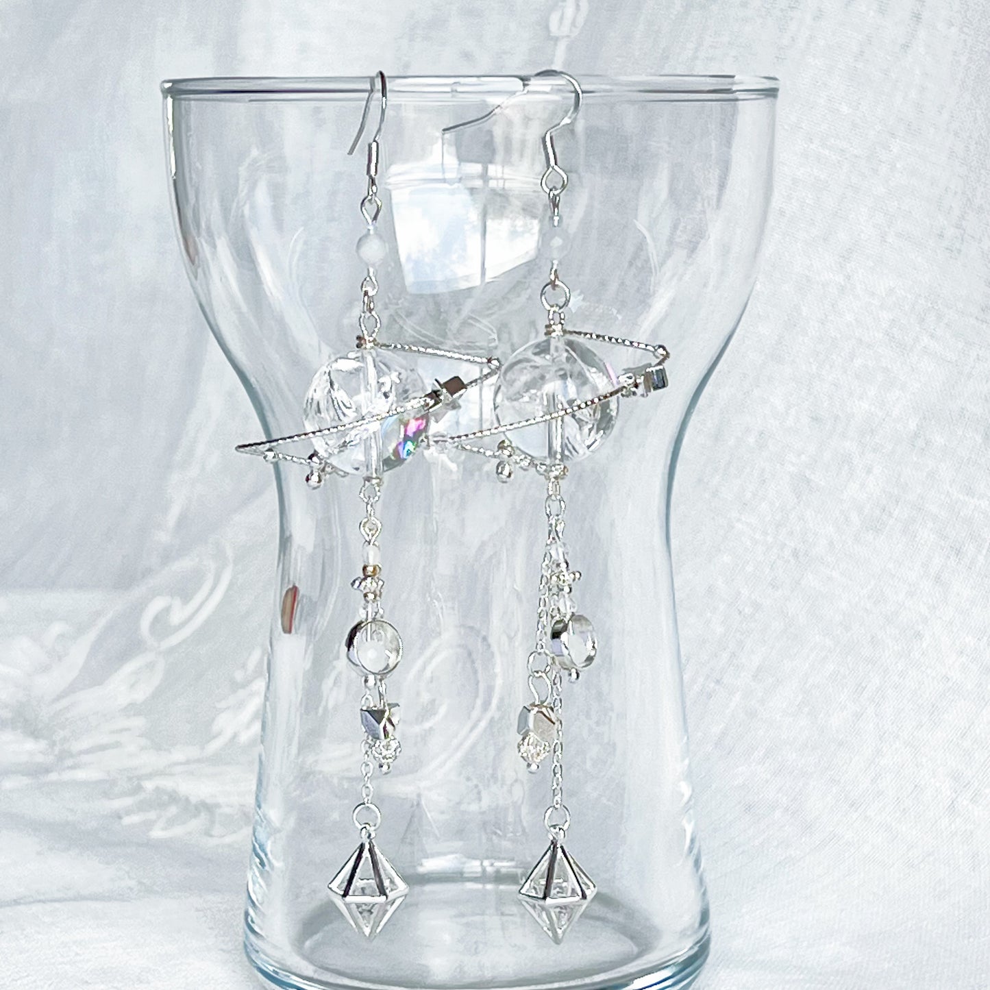 Silver Azeztulite Quartz Planet Drop Earrings-Ninaouity