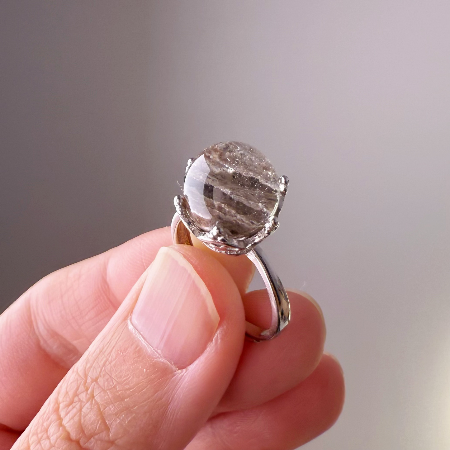 Handmade Natural Grey Phantom Quartz Crystal Ring-Ninaouity