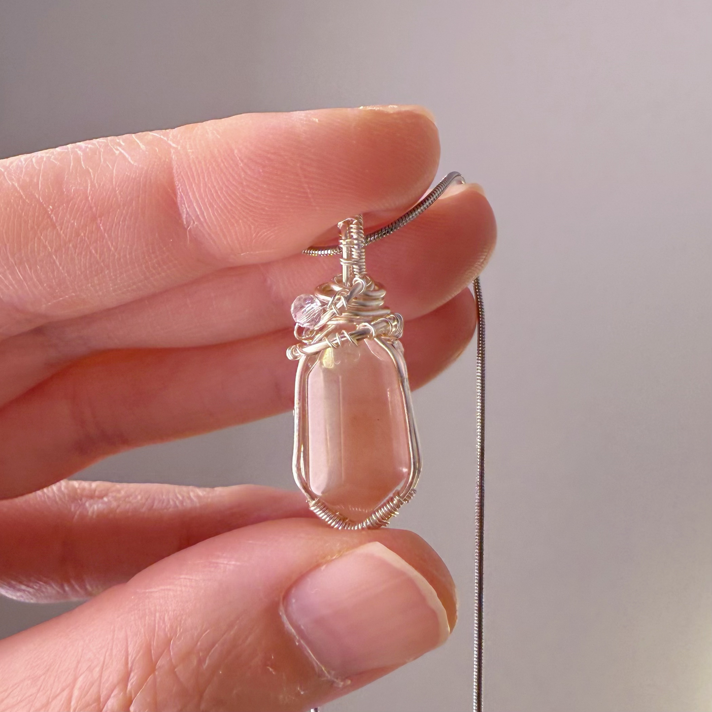 Handmade Natural Pink Rutilated Quartz Crystal Wire Wrapped Necklace-Ninaouity