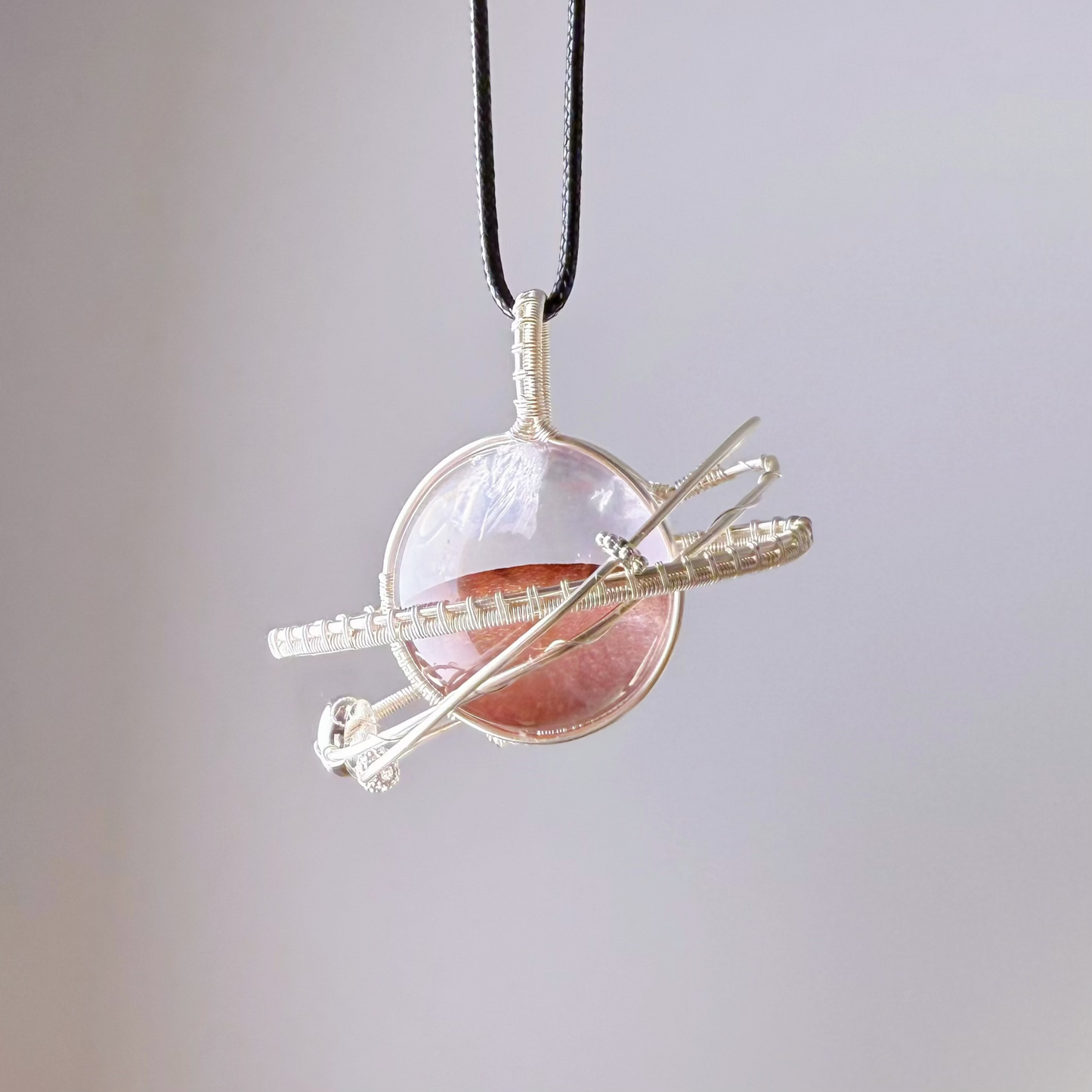 Giant Planet - Natural Fire Quartz Crystal Planet Wire Wrapped Necklace-Ninaouity
