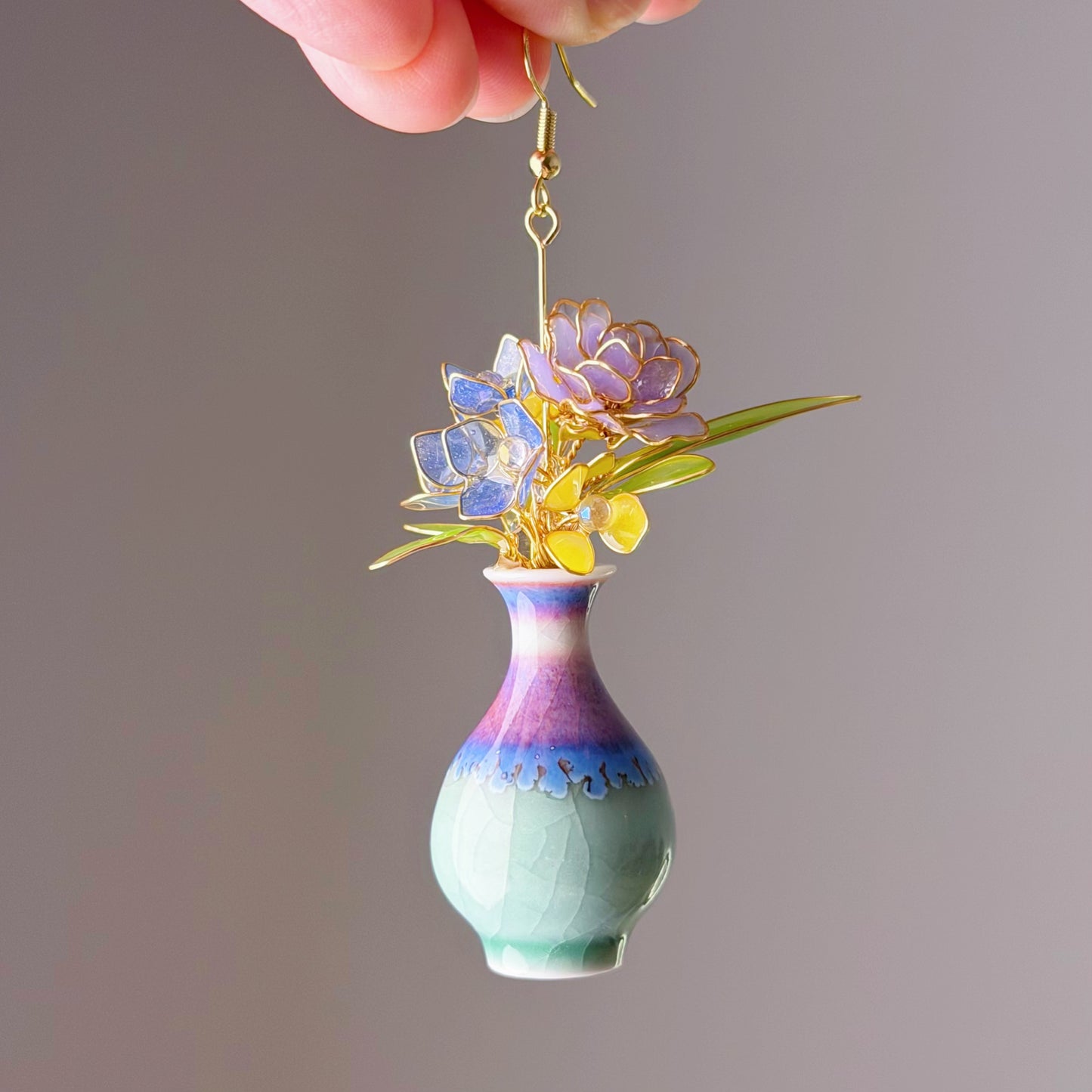 Handmade Purple Roses Hydrangeas and Daffodil in Ceramic Vase Earrings