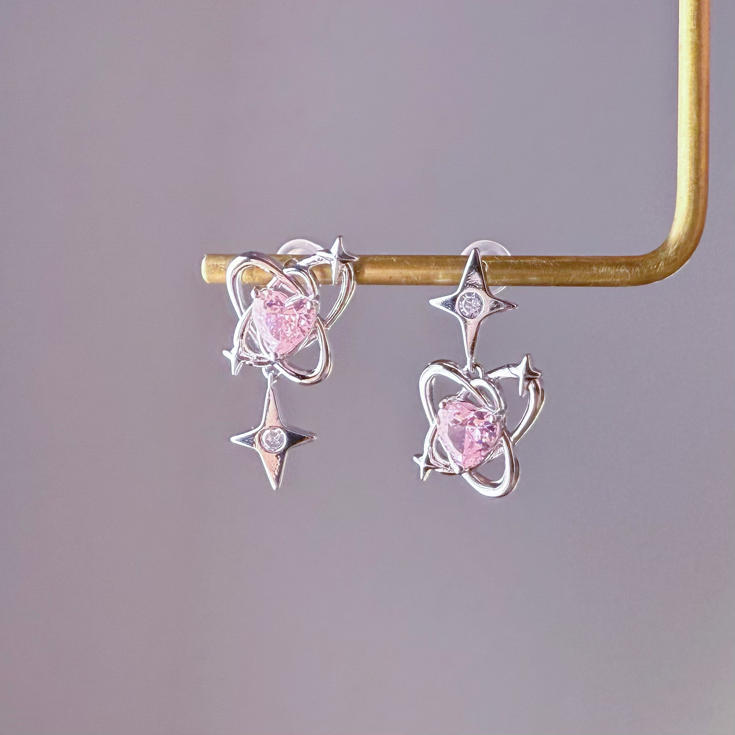 Silver Polaris Star and Pink Crystal Heart Earrings-Ninaouity