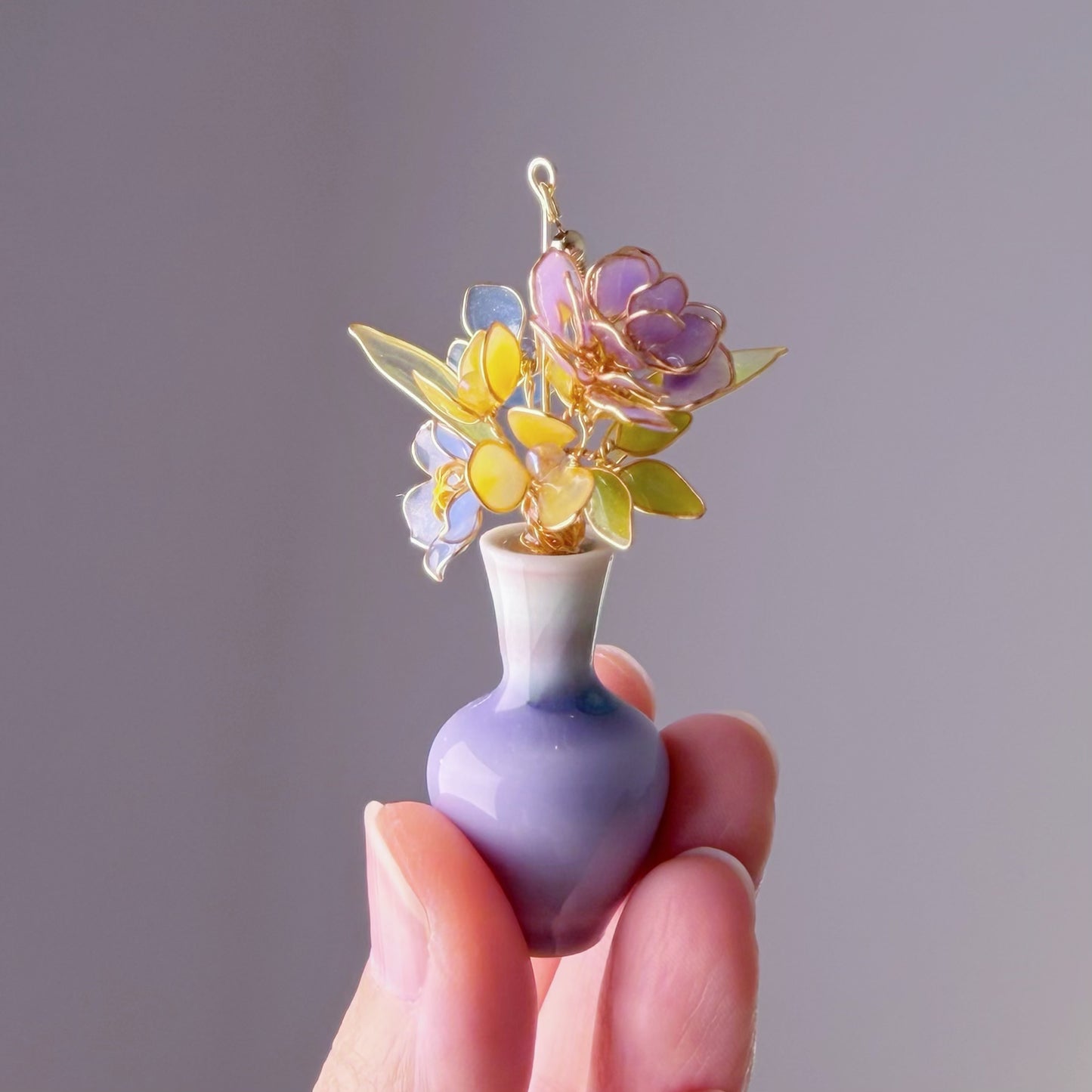 Handmade Purple Roses Hydrangeas and Daffodil in Ceramic Vase Earrings