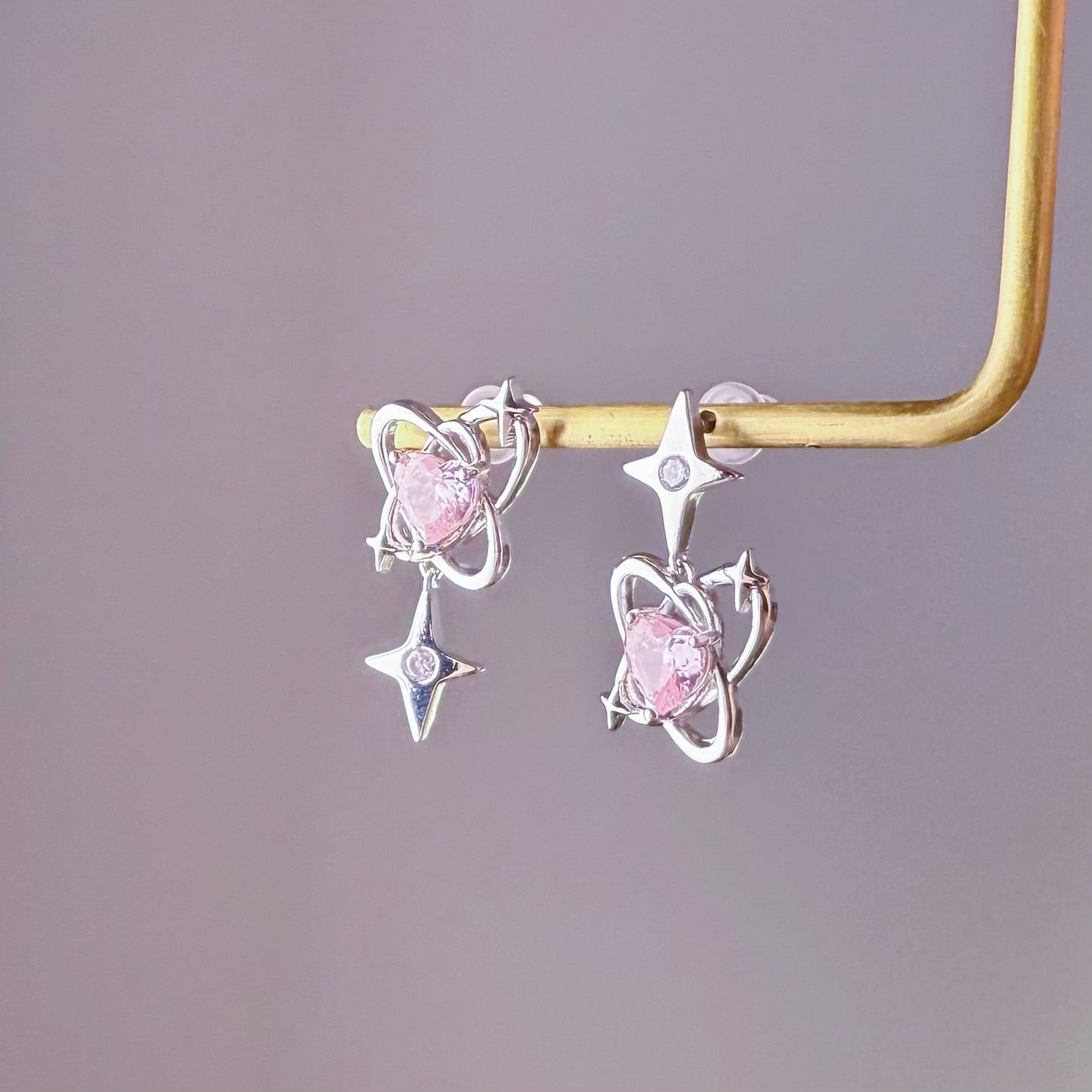 Silver Polaris Star and Pink Crystal Heart Earrings-Ninaouity