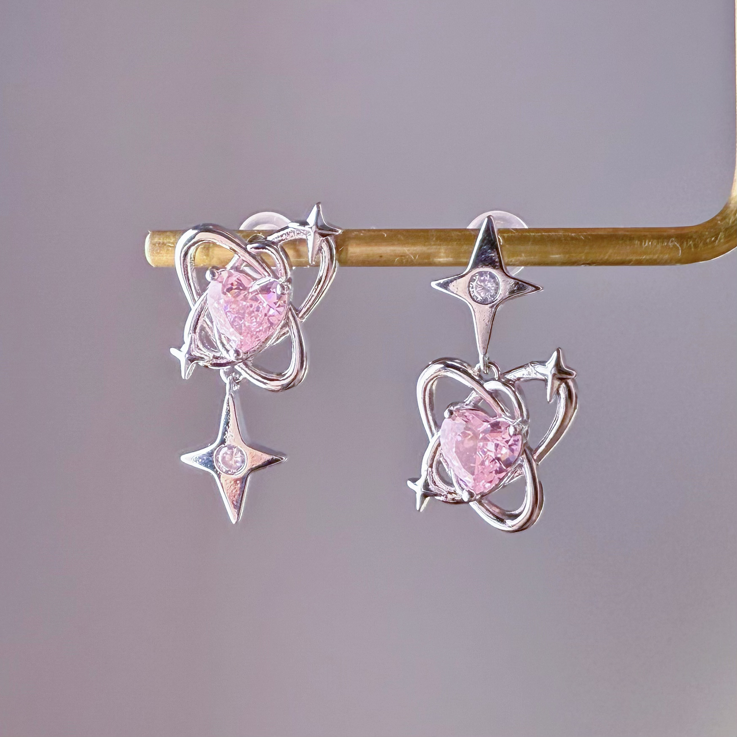 Silver Polaris Star and Pink Crystal Heart Earrings-Ninaouity