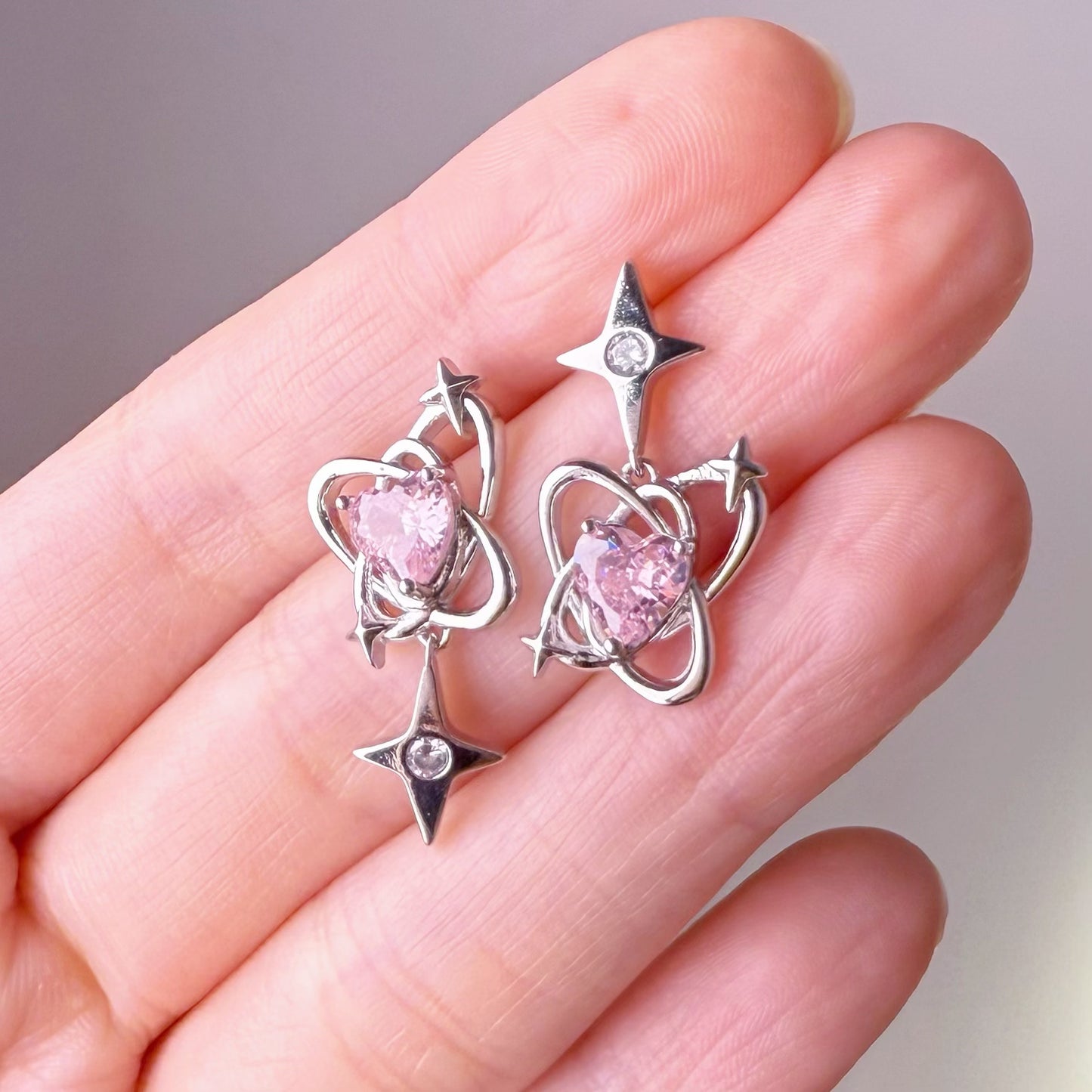Silver Polaris Star and Pink Crystal Heart Earrings-Ninaouity