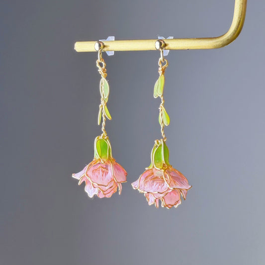 Handmade Pink Carnation Flower Dangle Drop Earrings