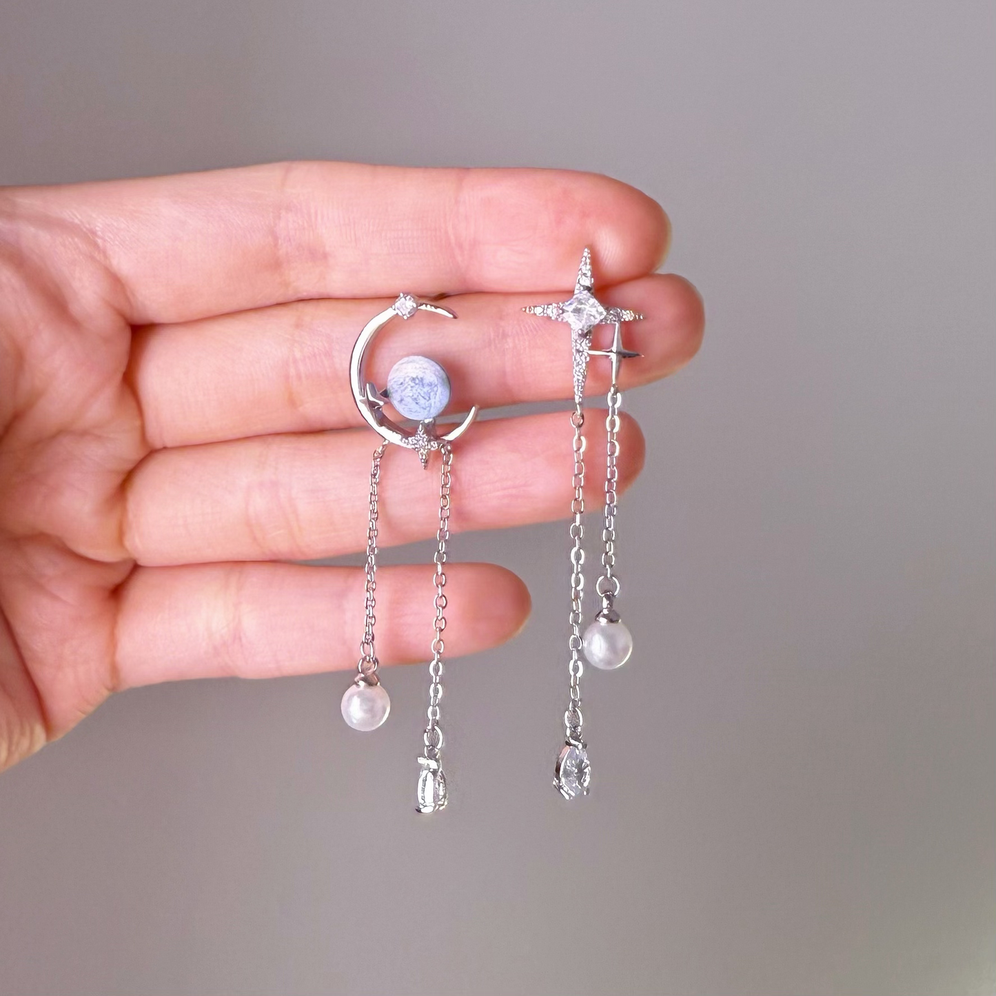 Silver Crystal Moon and Polaris Drop Earrings