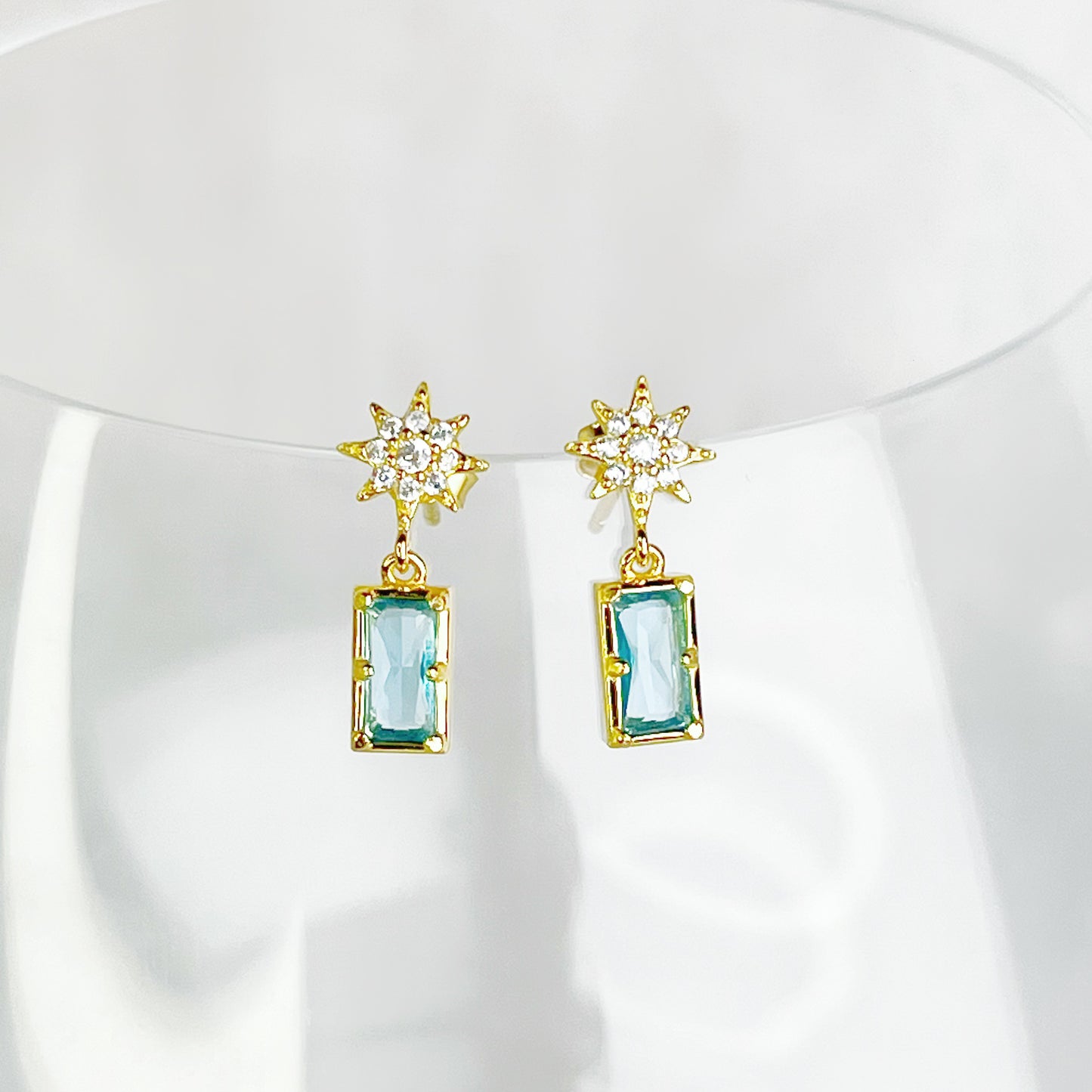 Gold Pole Star and Blue Square Crystal Earrings-Ninaouity