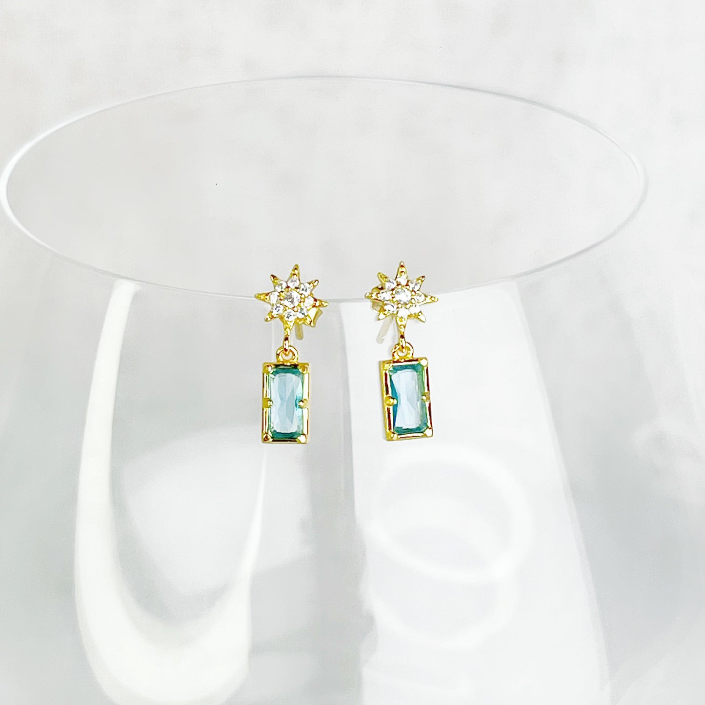 Gold Pole Star and Blue Square Crystal Earrings-Ninaouity