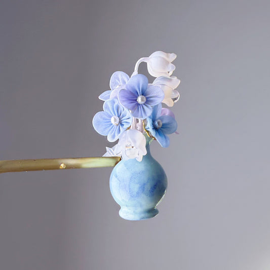 Handmade Blue Hydrangeas and Lily of the Valley Flowers in Vase Brooch