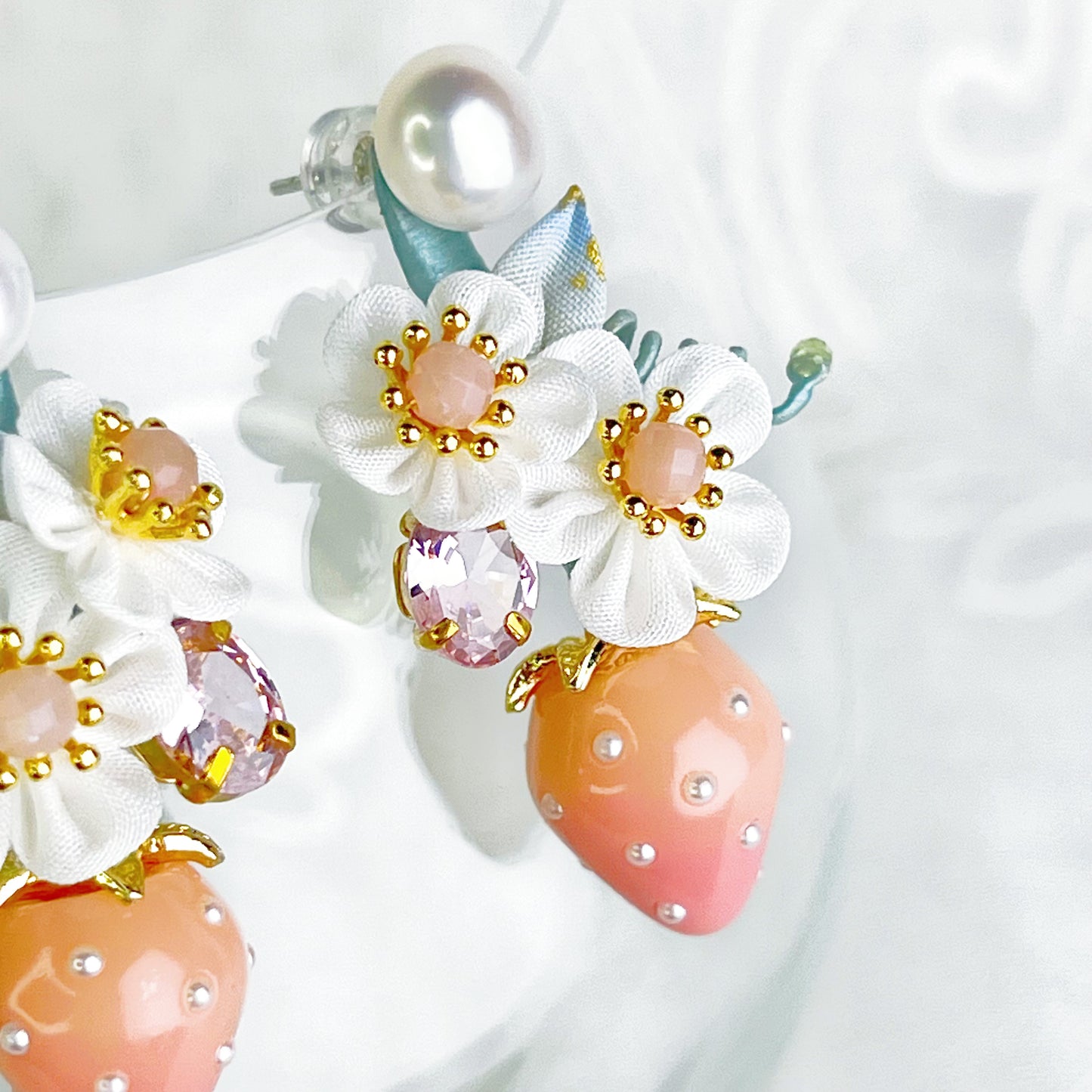 Pink Strawberry and Fabric Flowers Earrings-Ninaouity