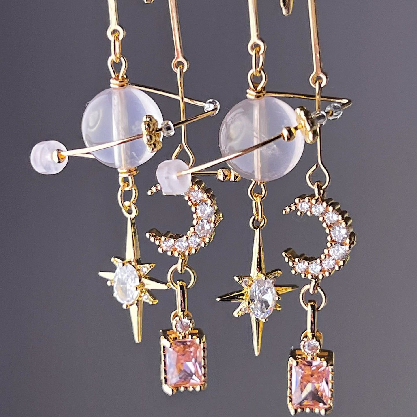 Pink Rose Quartz Planet Moon and Pole Star Earrings-Ninaouity