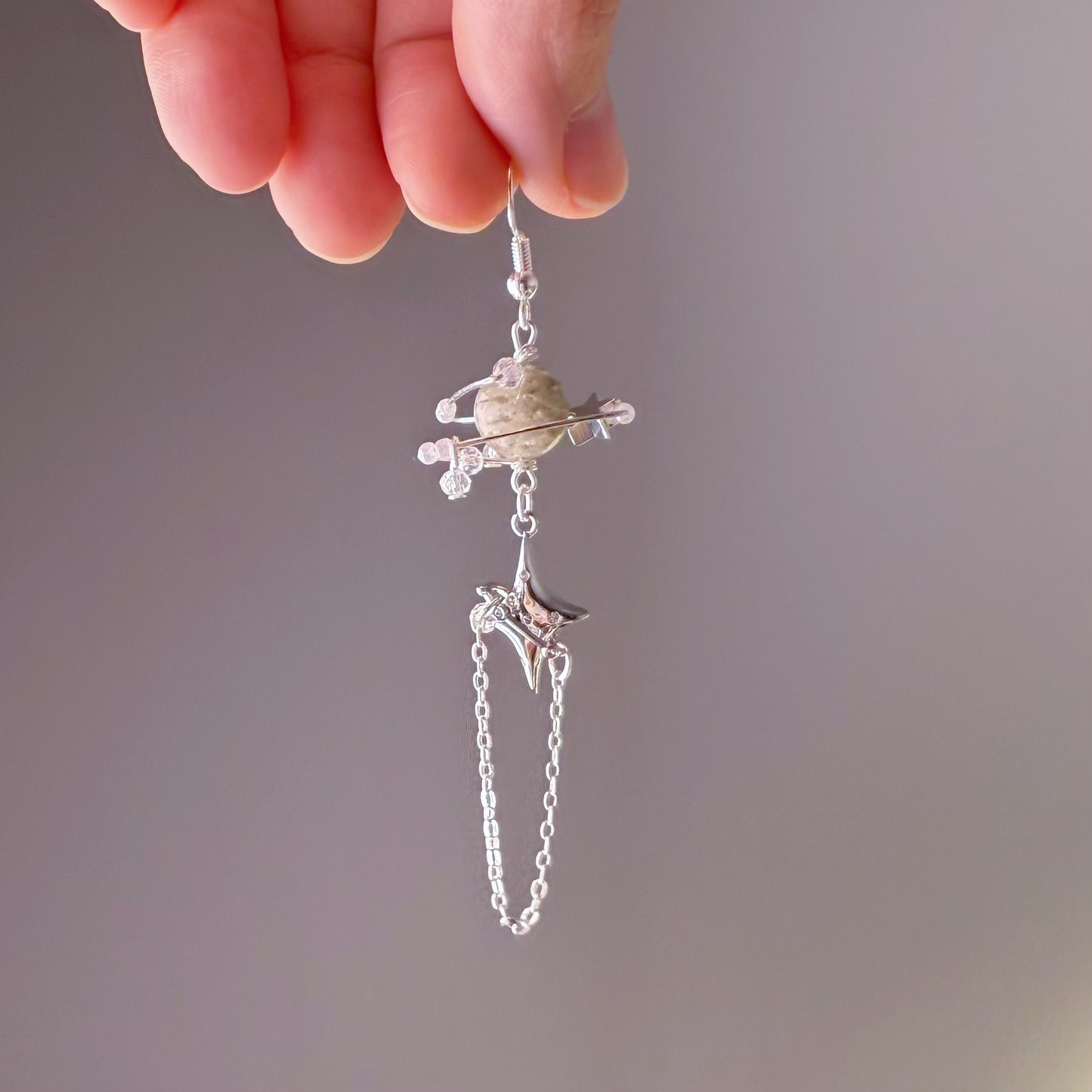 Silver White Phantom Quartz Planet and Polaris Earrings-Ninaouity