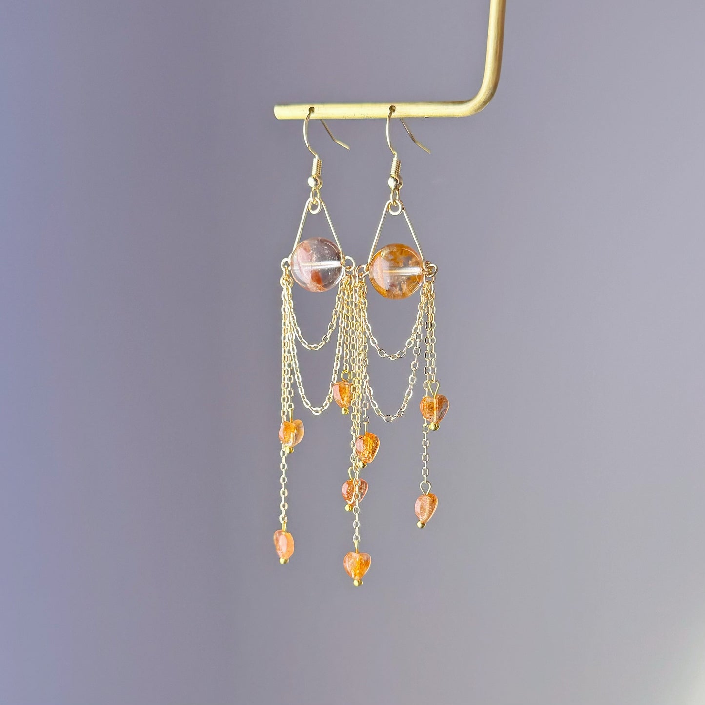 Orange Phantom Quartz and Sunstone Hearts Earrings-Ninaouity