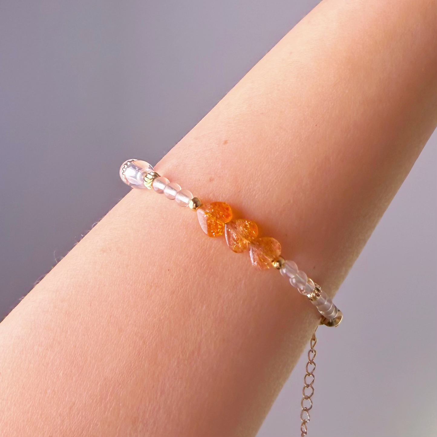 Orange Sunstone Hearts and Clear Quartz Crystal Bracelet-Ninaouity
