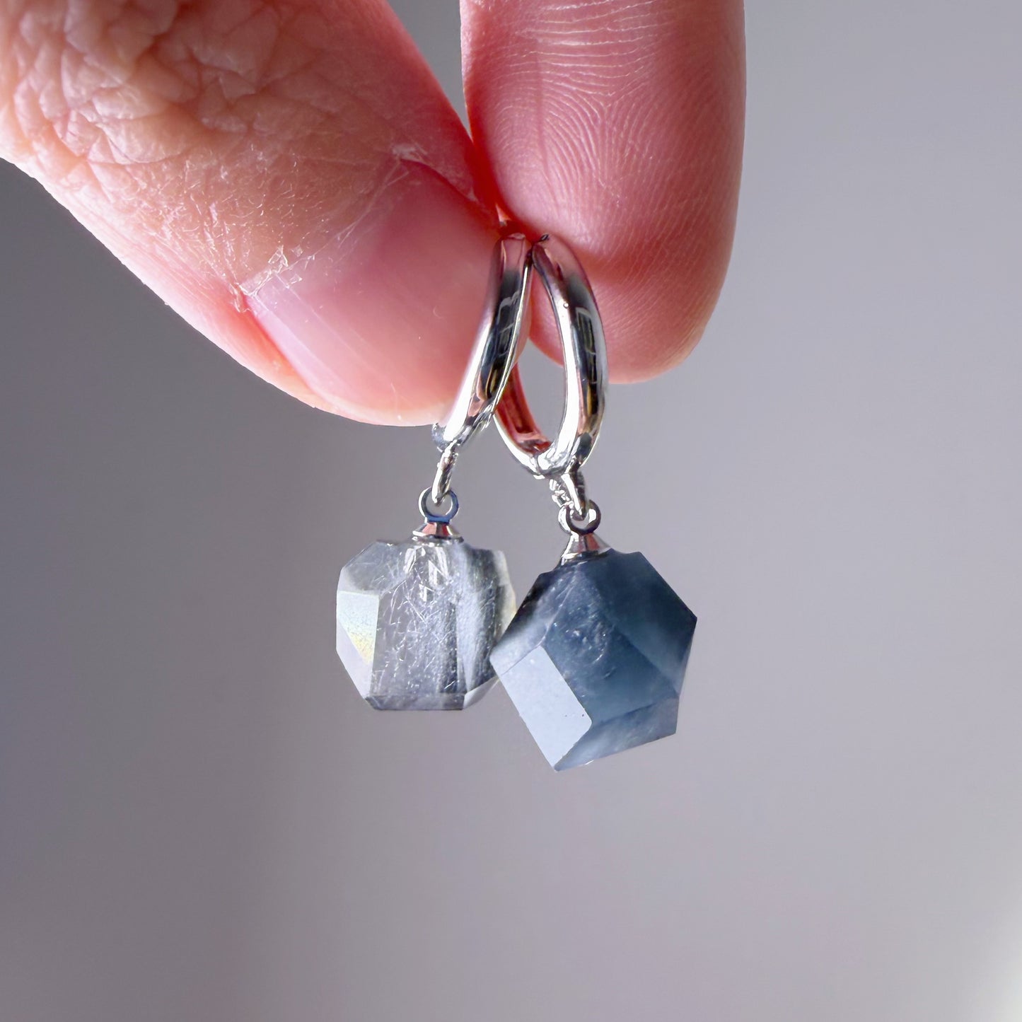 Quartzberry - Natural Navy Blue Rutilated Quartz Crystal Hoops Earrings - One-of-a-kind