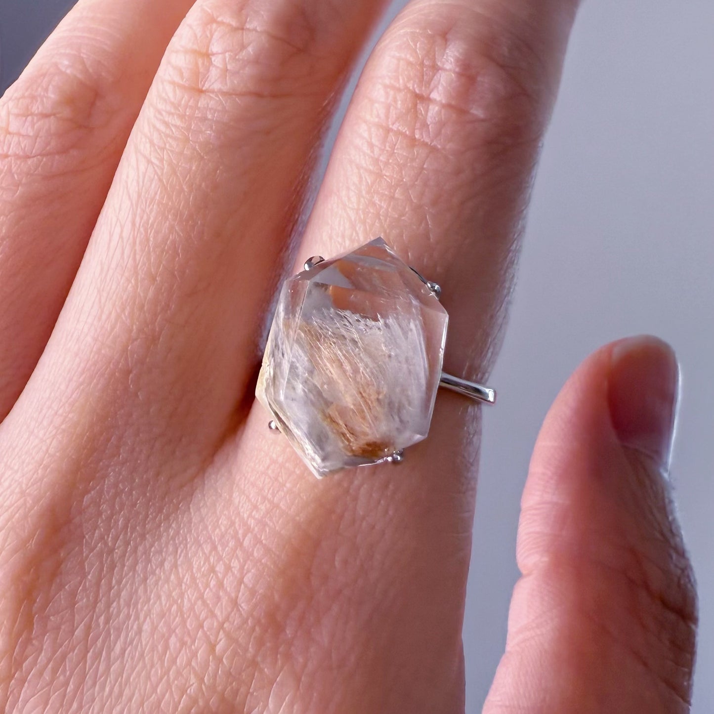 Handmade Natural Pink and Grey Phantom Quartz Crystal Ring
