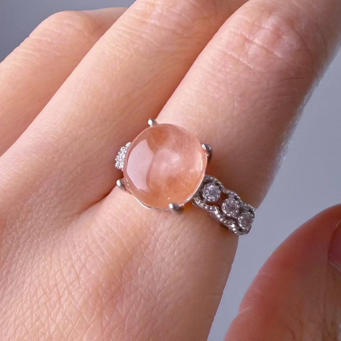 Handmade Natural Pink Rutilated Quartz Crystal Silver Ring