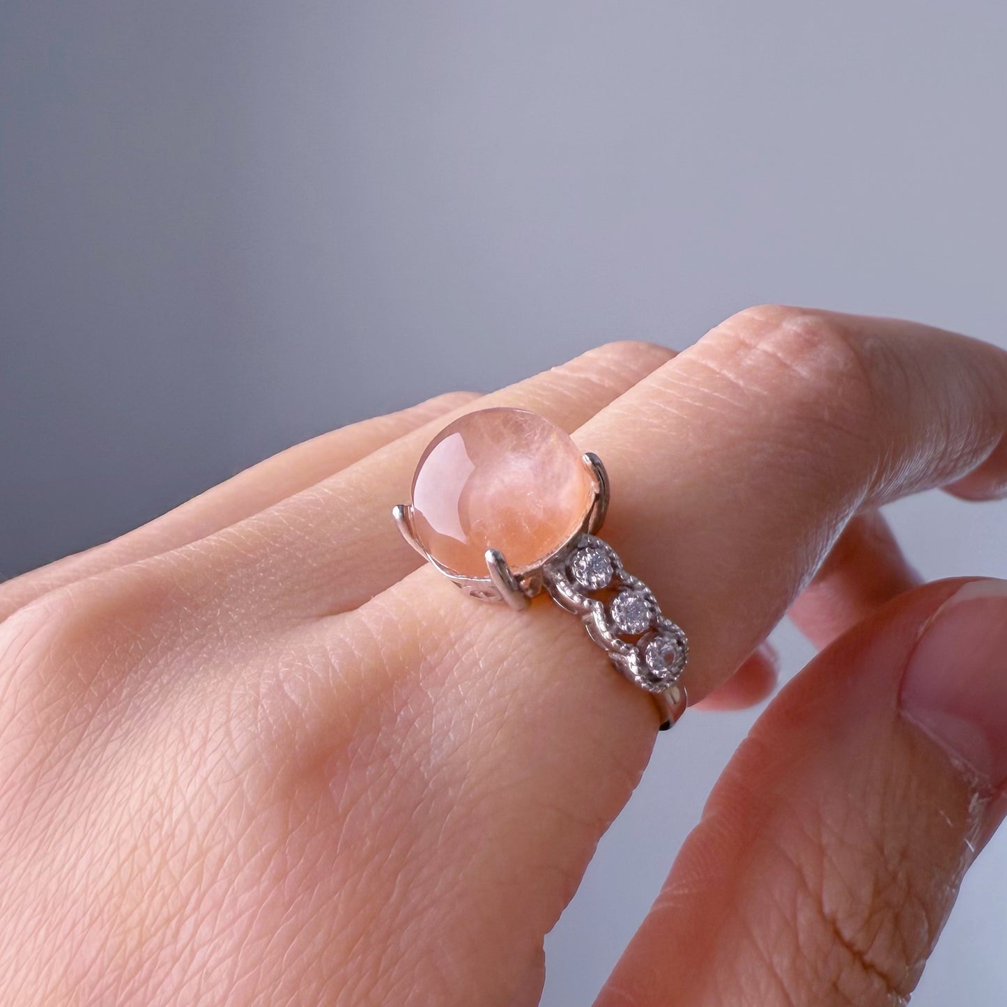 Handmade Natural Pink Rutilated Quartz Crystal Silver Ring