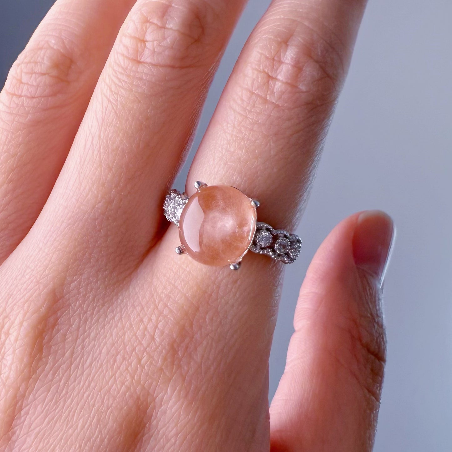 Handmade Natural Pink Rutilated Quartz Crystal Silver Ring