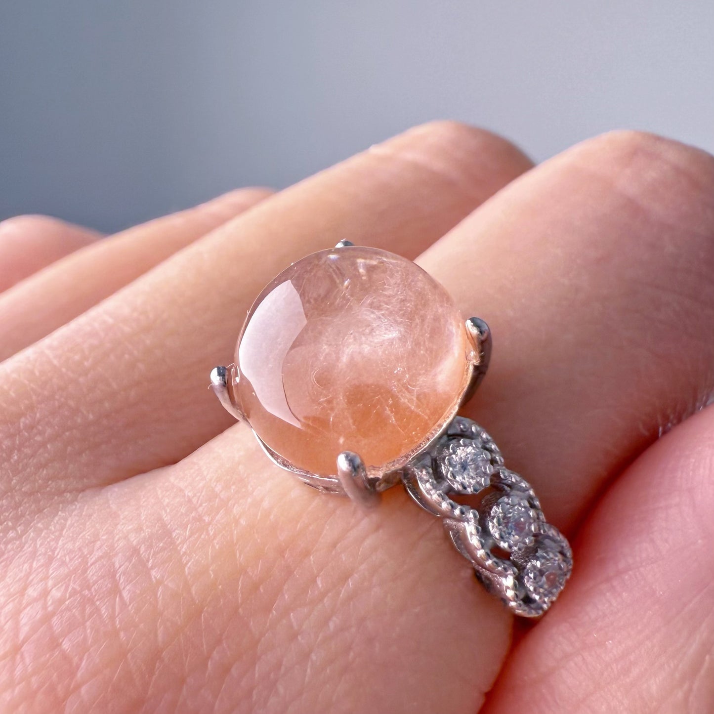 Handmade Natural Pink Rutilated Quartz Crystal Silver Ring