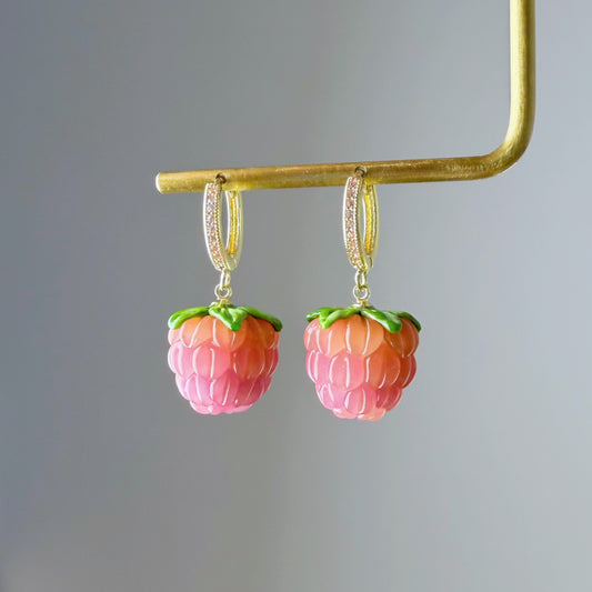Handmade Pink Glass Raspberries Hoop Earrings