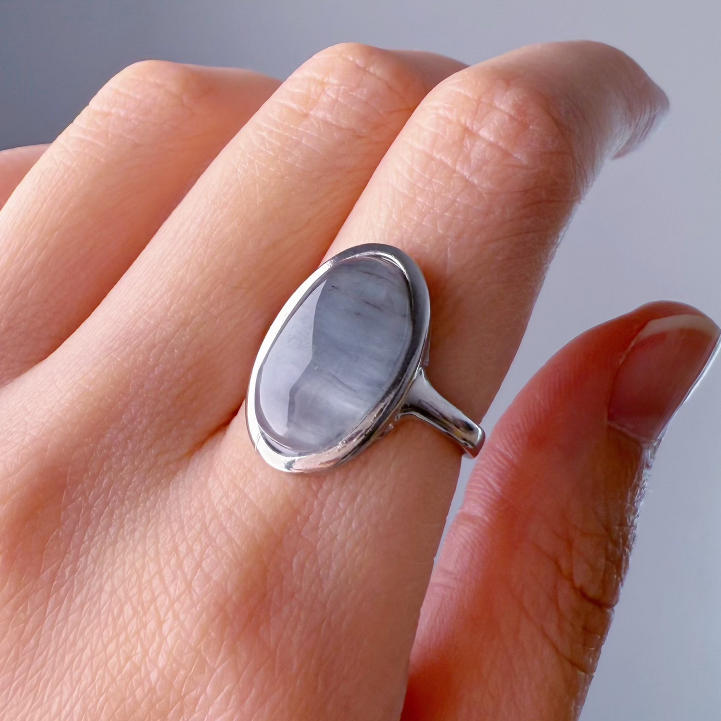 Handmade Natural Blue Grey Rutilated Quartz Crystal Silver Ring