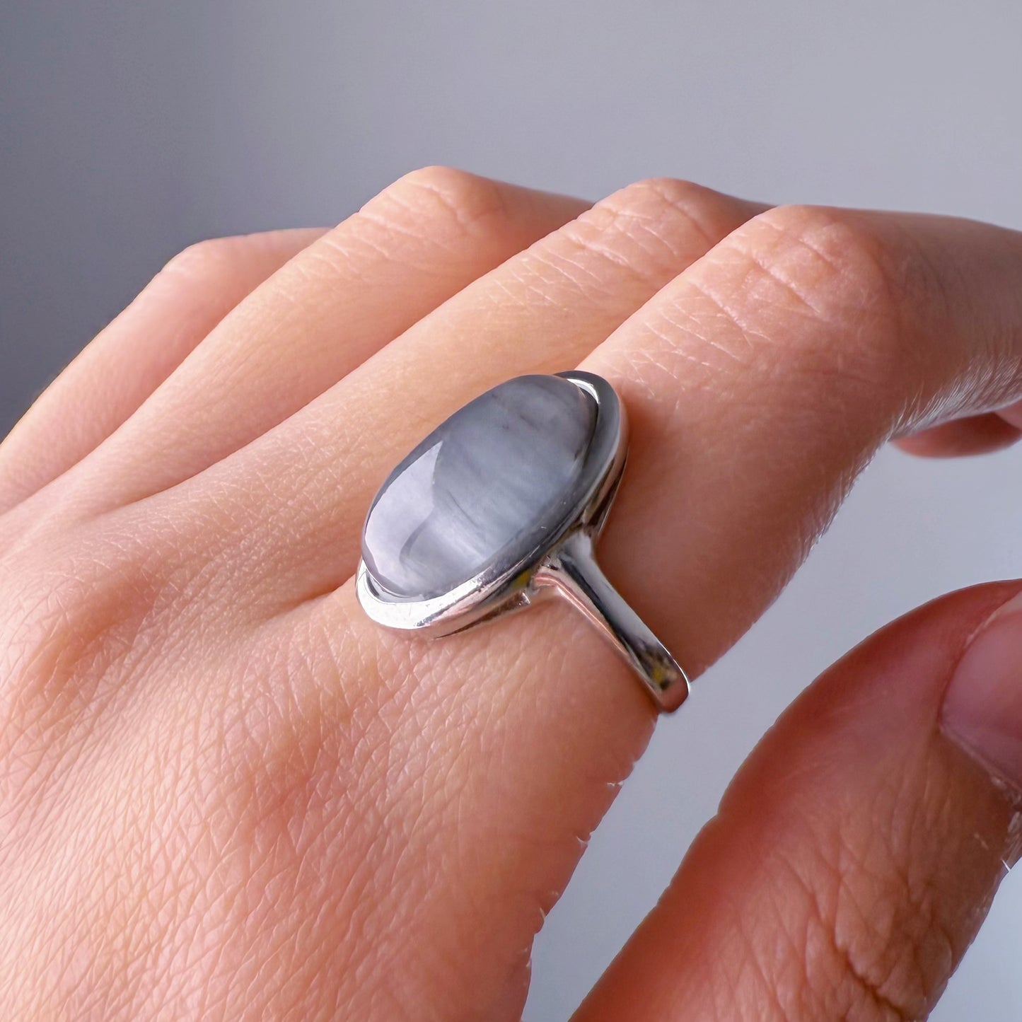 Handmade Natural Blue Grey Rutilated Quartz Crystal Silver Ring