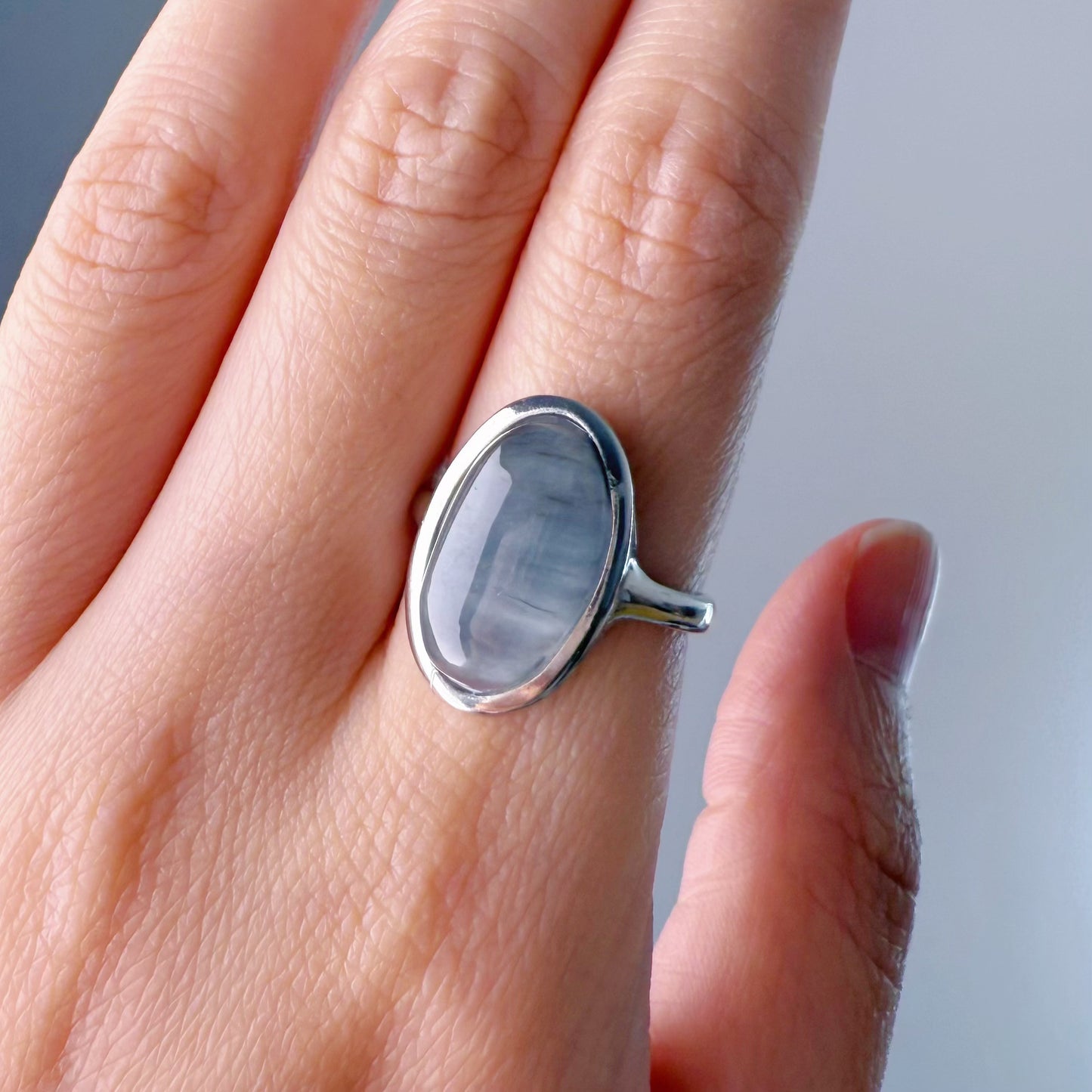 Handmade Natural Blue Grey Rutilated Quartz Crystal Silver Ring