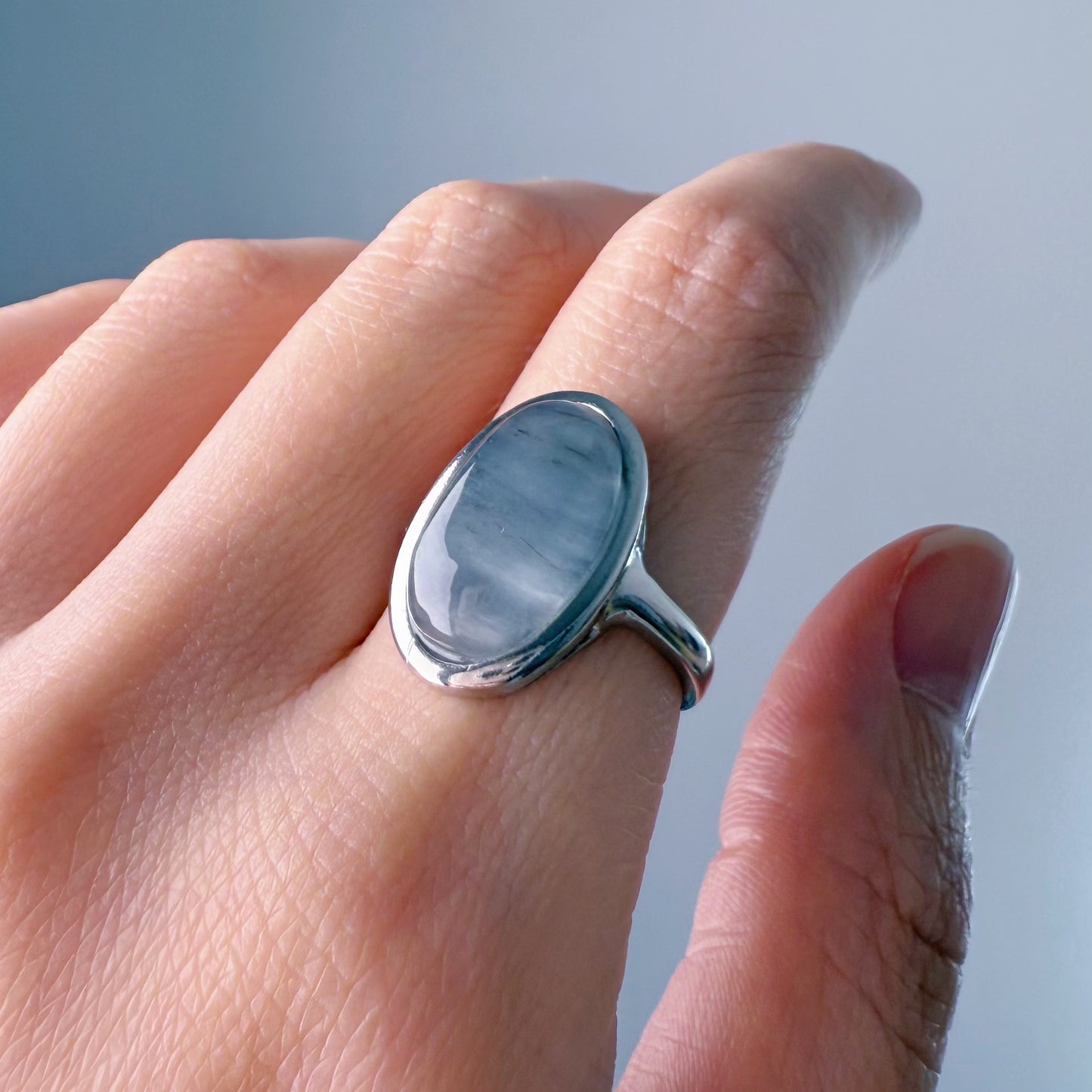 Handmade Natural Blue Grey Rutilated Quartz Crystal Silver Ring