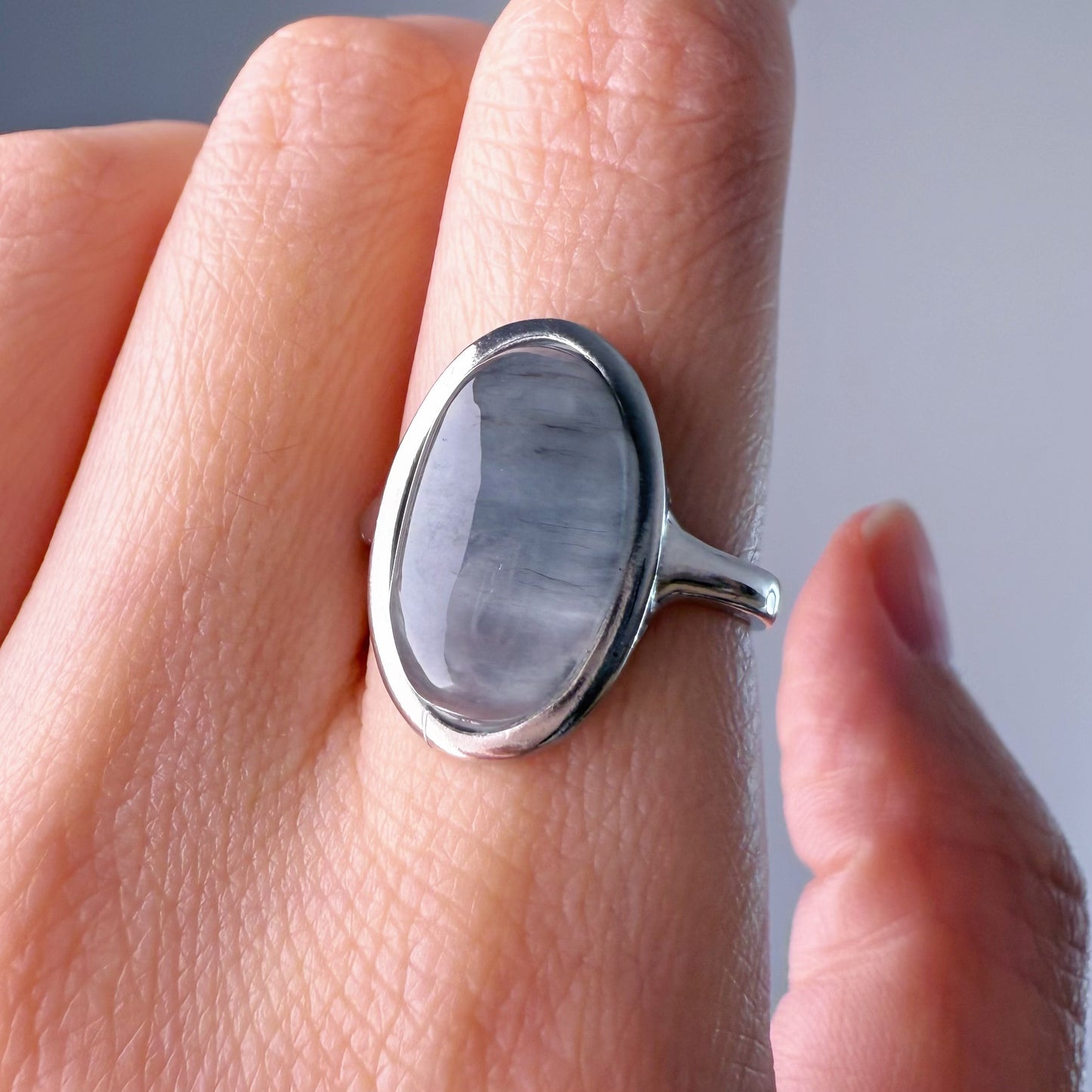 Handmade Natural Blue Grey Rutilated Quartz Crystal Silver Ring