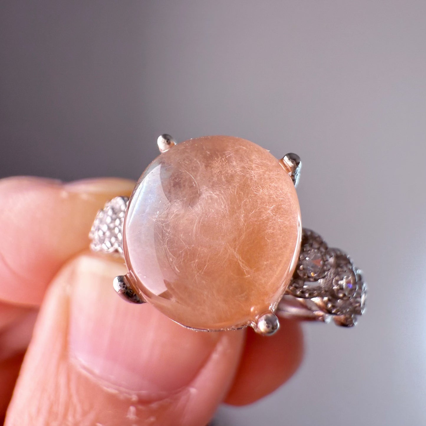 Handmade Natural Pink Rutilated Quartz Crystal Silver Ring