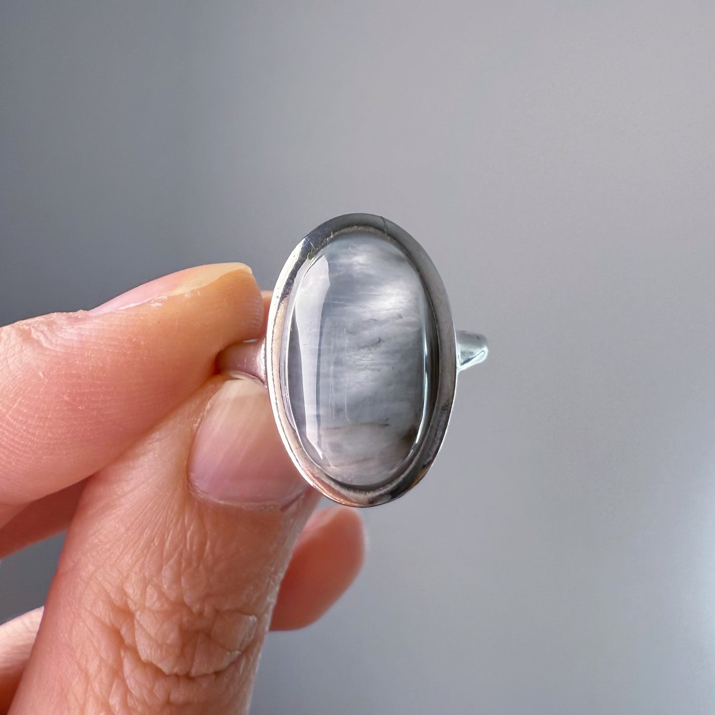 Handmade Natural Blue Grey Rutilated Quartz Crystal Silver Ring