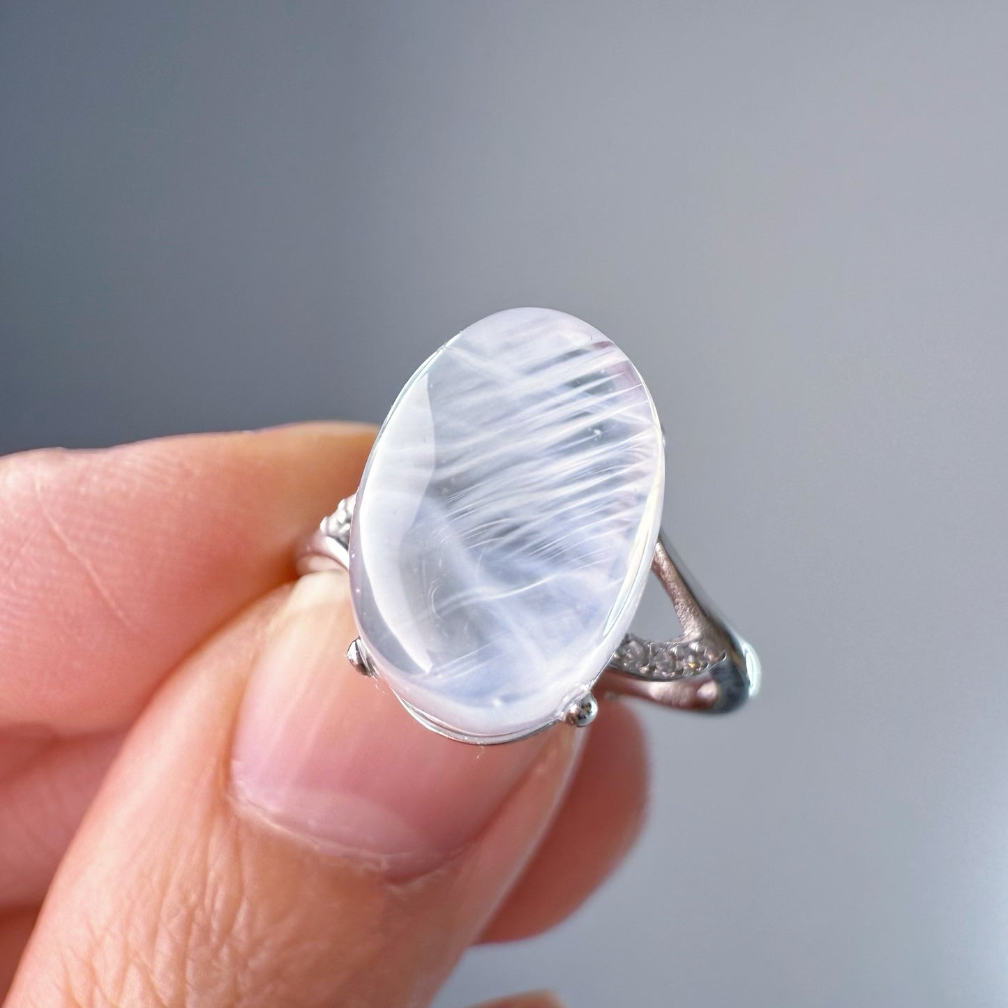 Handmade Natural Blue Needle Quartz Throat Chakra Crystal Silver Ring