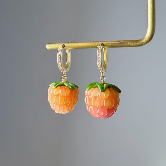 Handmade Orange Glass Raspberries Hoop Earrings