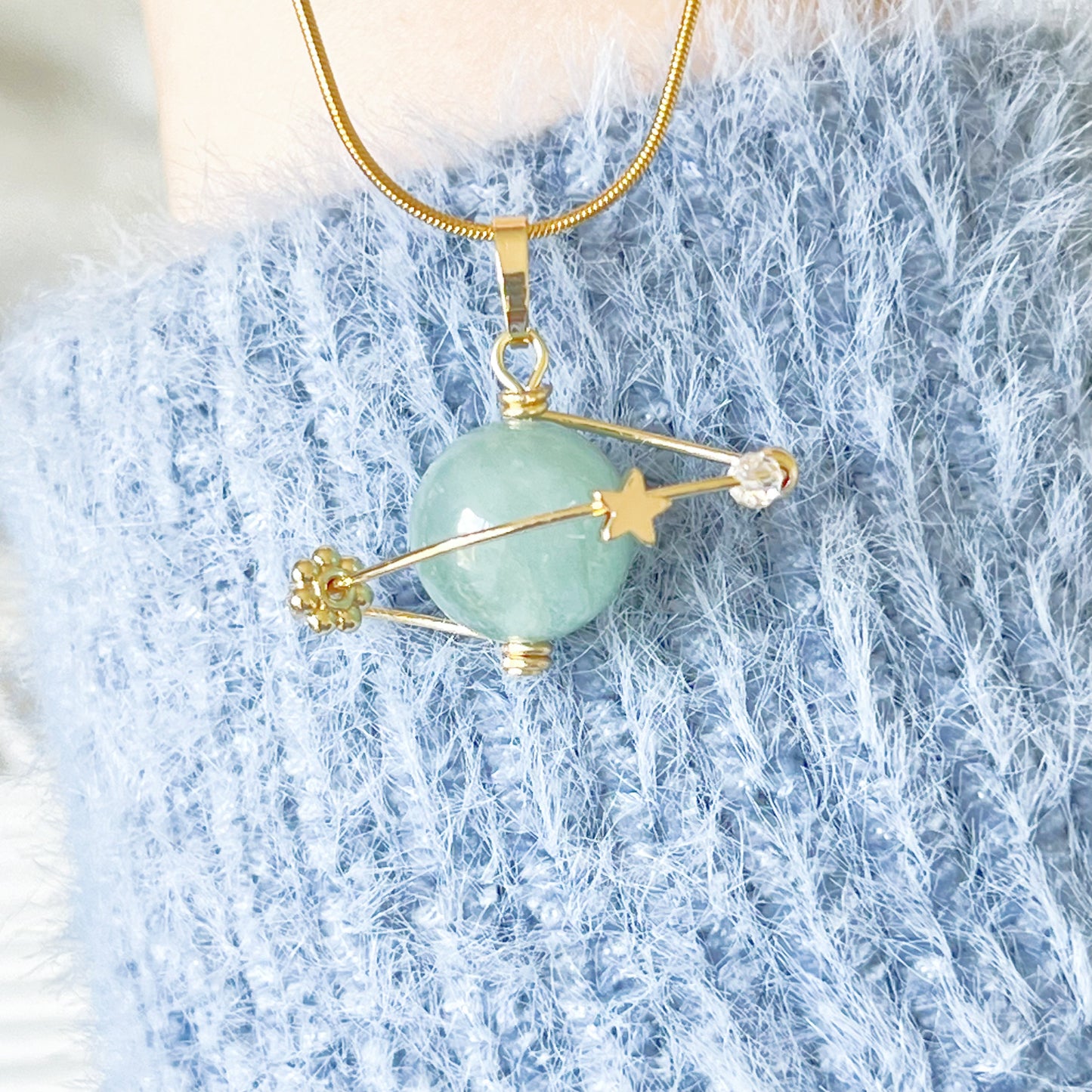Aquamarine Planet and Star Pendant Necklace-Ninaouity