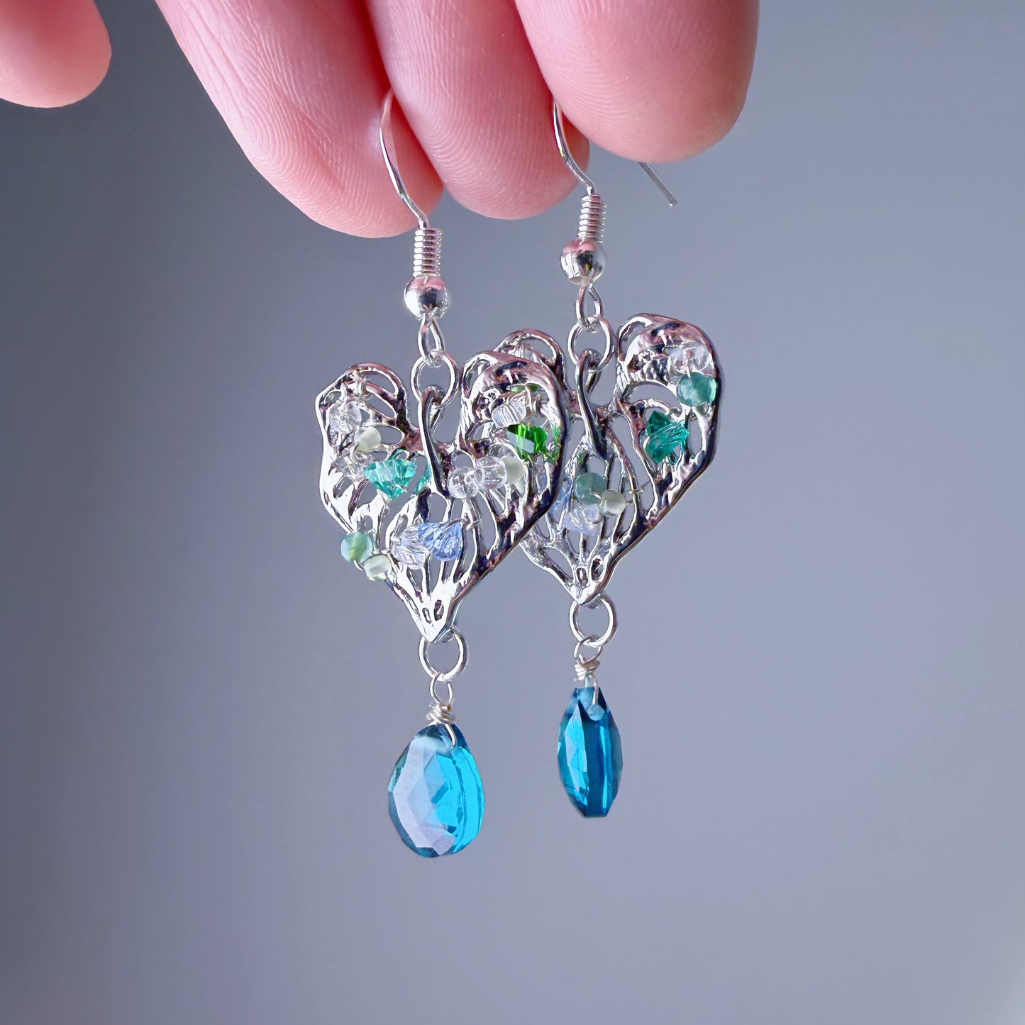 Handmade Silver Monstera Leaves with Teardrop Quartz and Mini Crystal Earrings