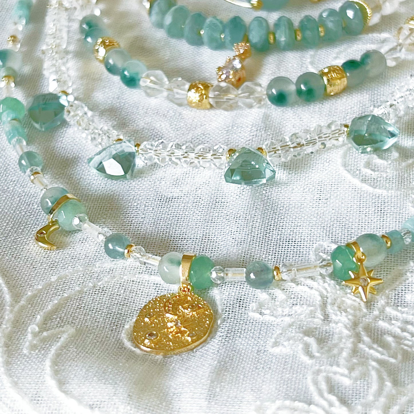 Moon and Star Pendant with Green Jade Chain Necklace-Ninaouity