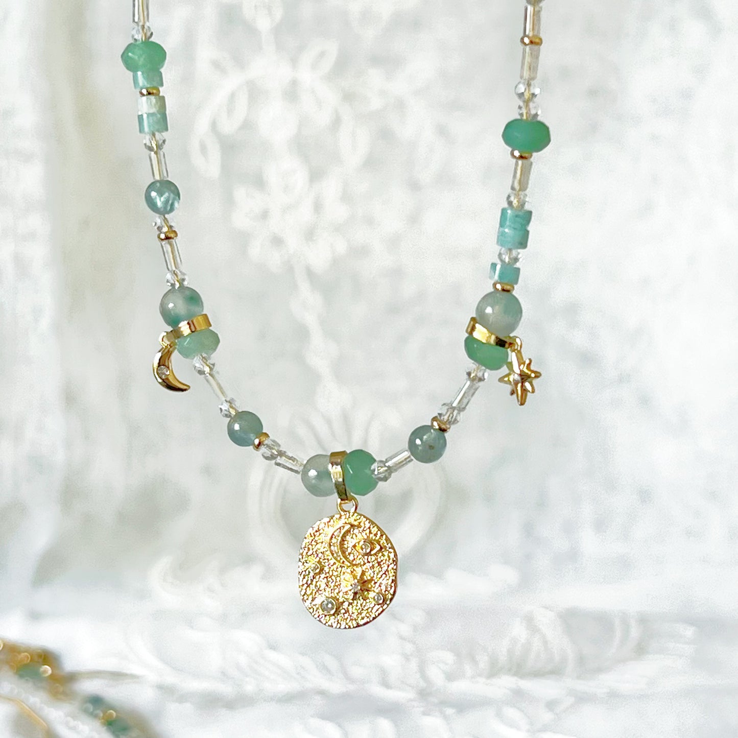 Moon and Star Pendant with Green Jade Chain Necklace-Ninaouity