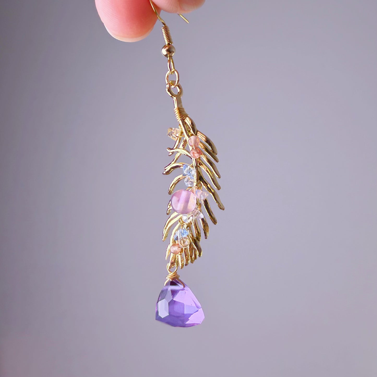 Handmade Gold Feather Amethyst Purple Crystal Earrings