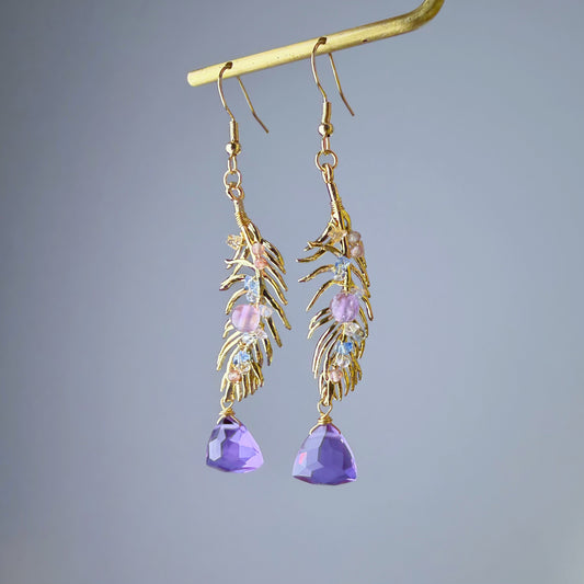 Handmade Gold Feather Amethyst Purple Crystal Earrings