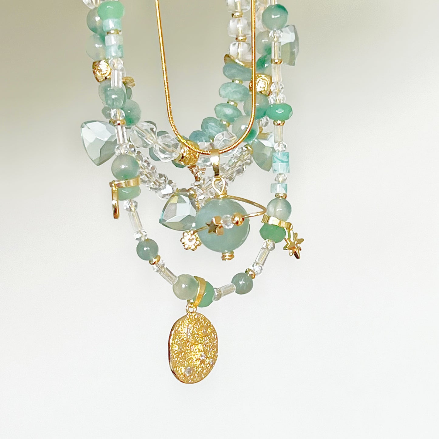 Moon and Star Pendant with Green Jade Chain Necklace-Ninaouity