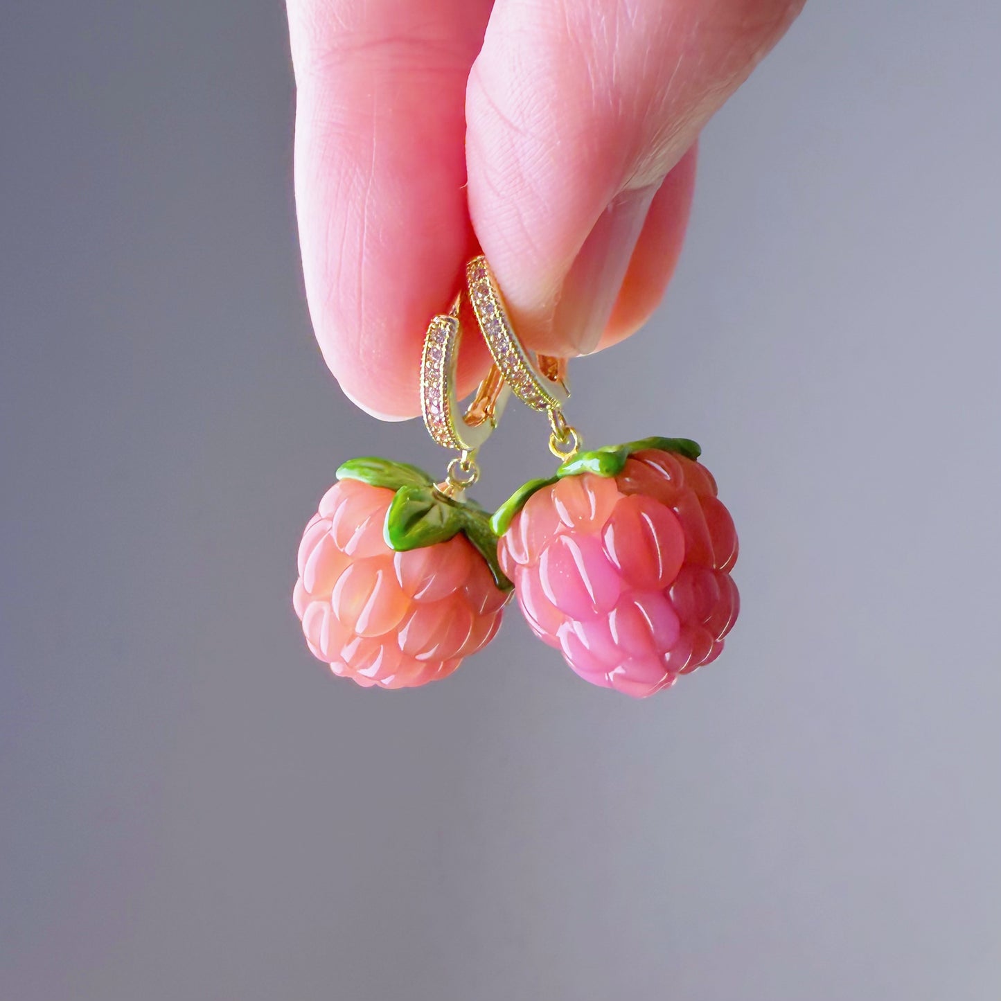 Handmade Peach and Pink Glass Raspberries Hoop Earrings